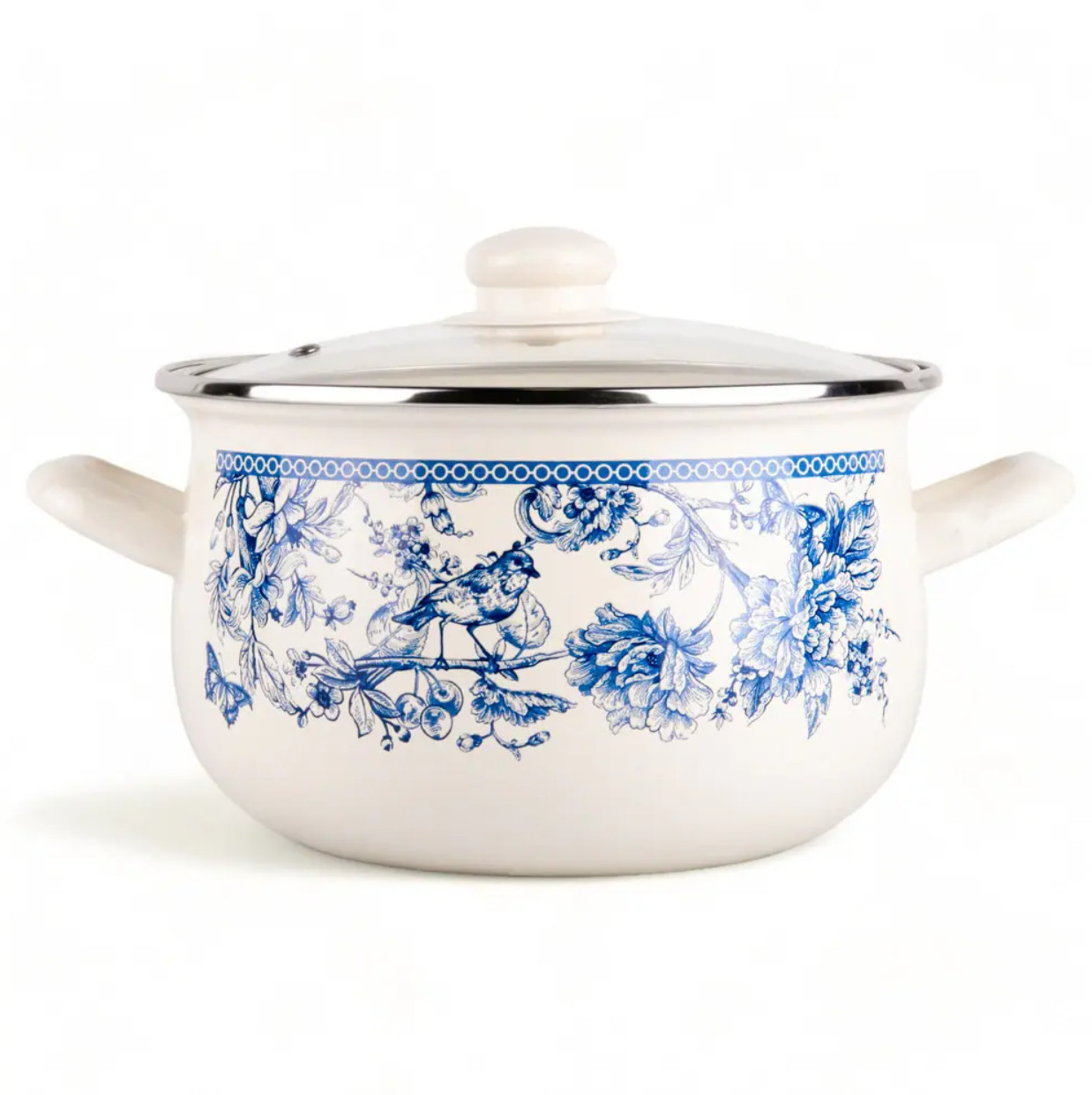3 Pc Enamel Stock Pot Set with Glass Lids Induction Cookware Blue White