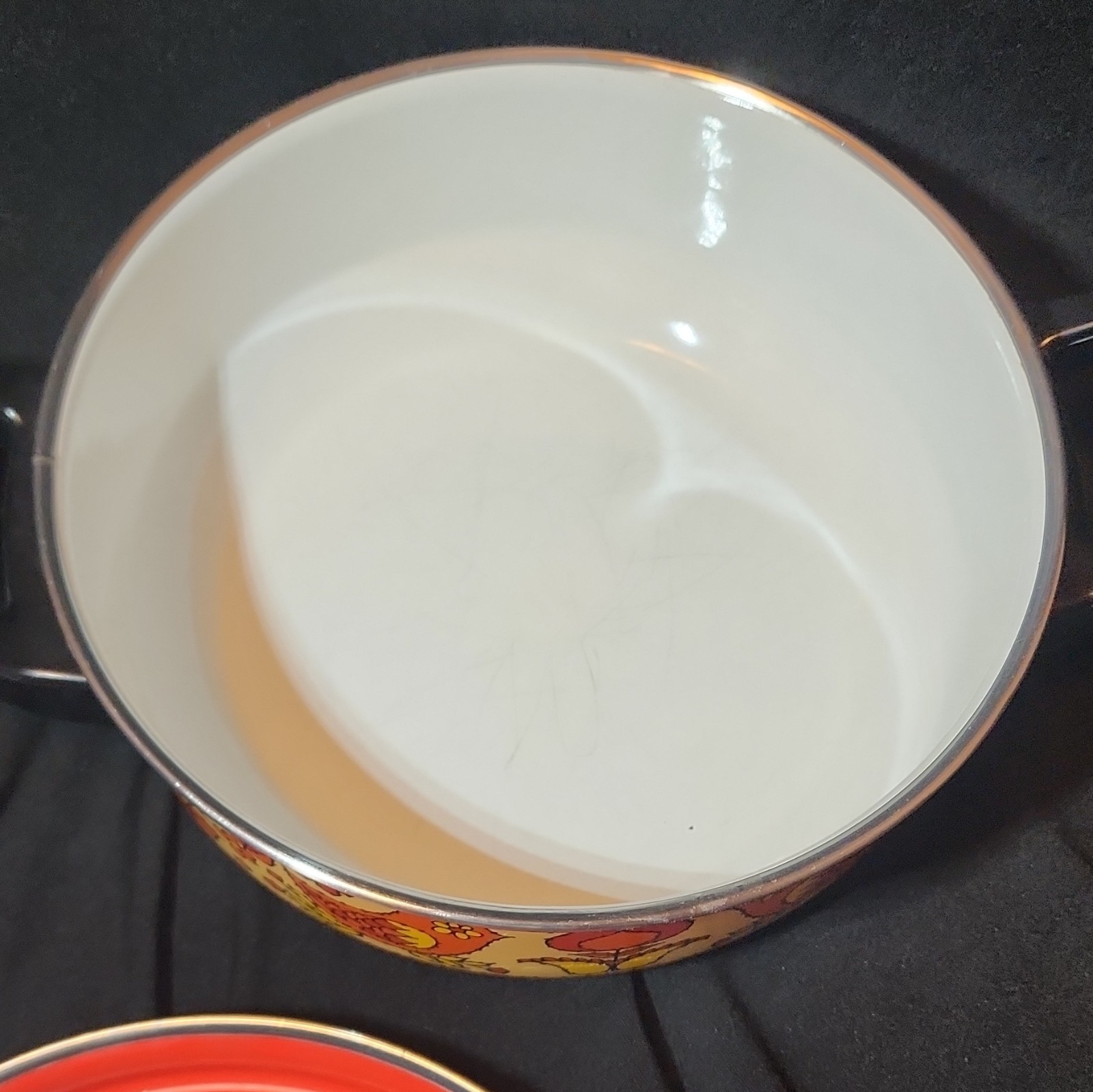 Round Enamel Casserole Dish w/ Lid, Double Handles, Orange Floral Bird, 2 qt