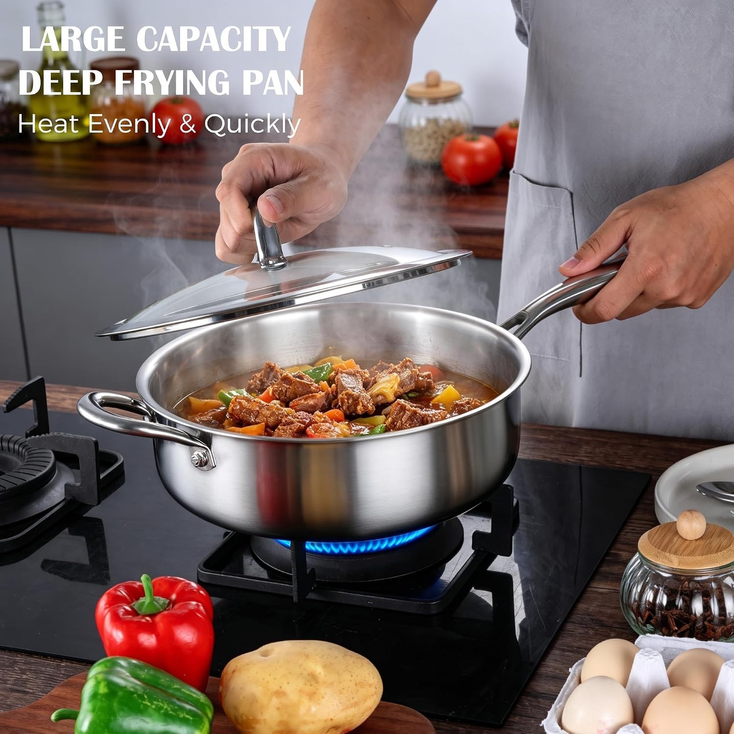 10 Inch Deep Frying Pan with Lid, 4.5QT Tri-Ply Stainless Steel Saute Pan, Br…