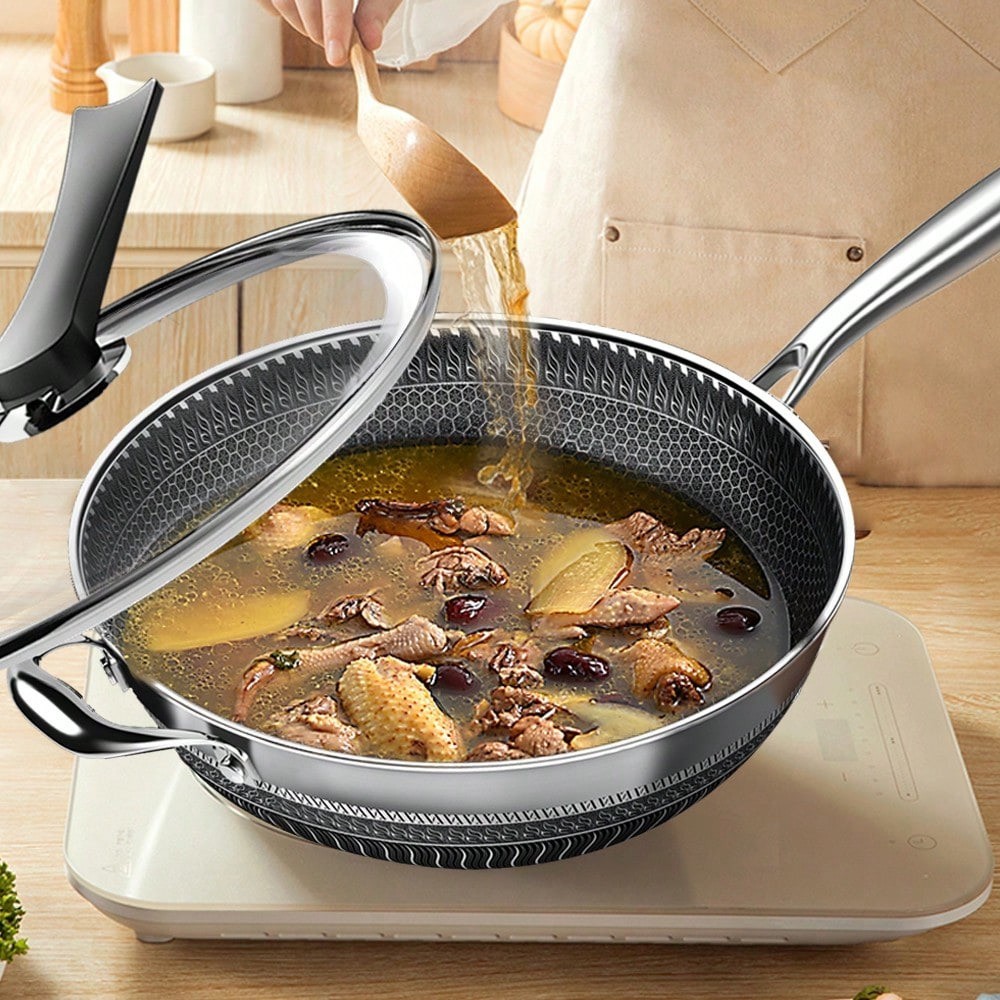 13.3 Inch Stainless Steel Wok Pan with Lid Honeycomb Nonstick Frying Pan