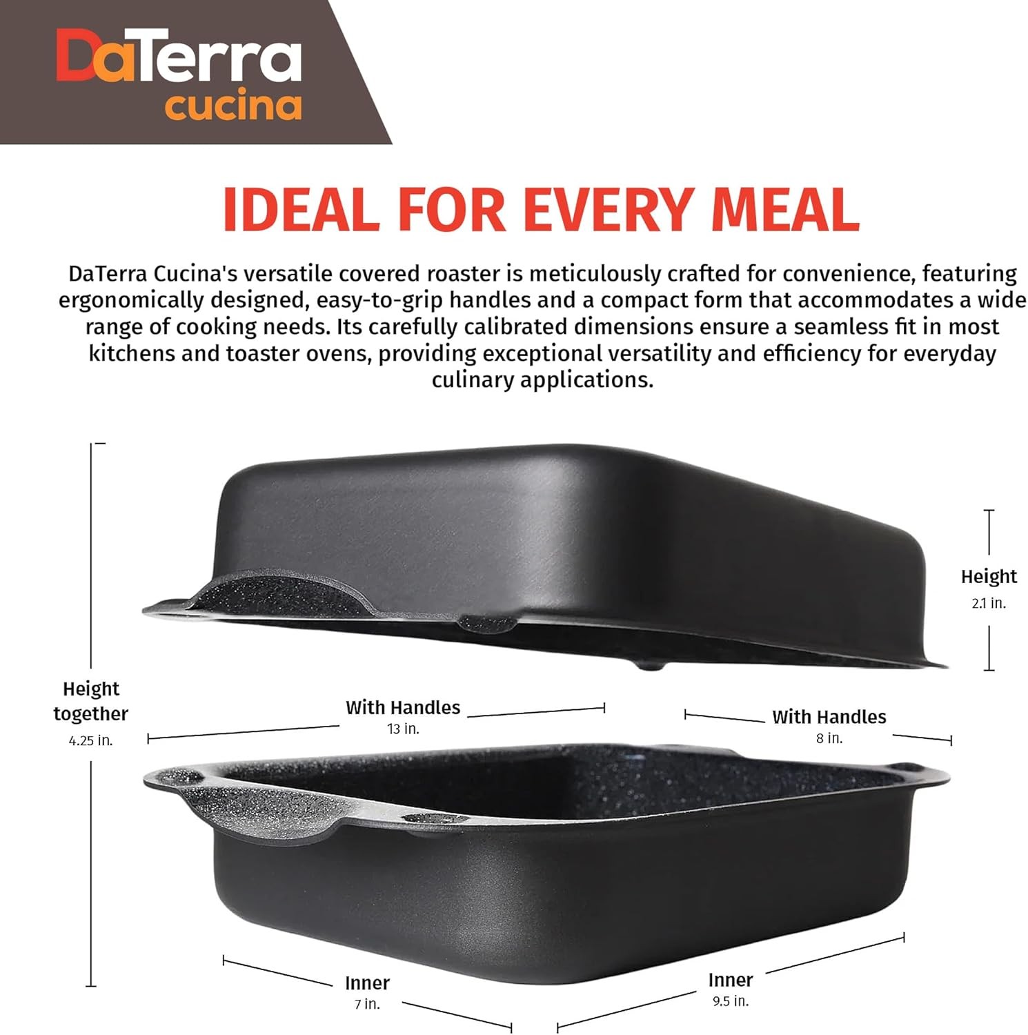 DaTerra Cucina – 13 x 8 x 4.25 Nonstick Ceramic Coated Dual Roasting Black