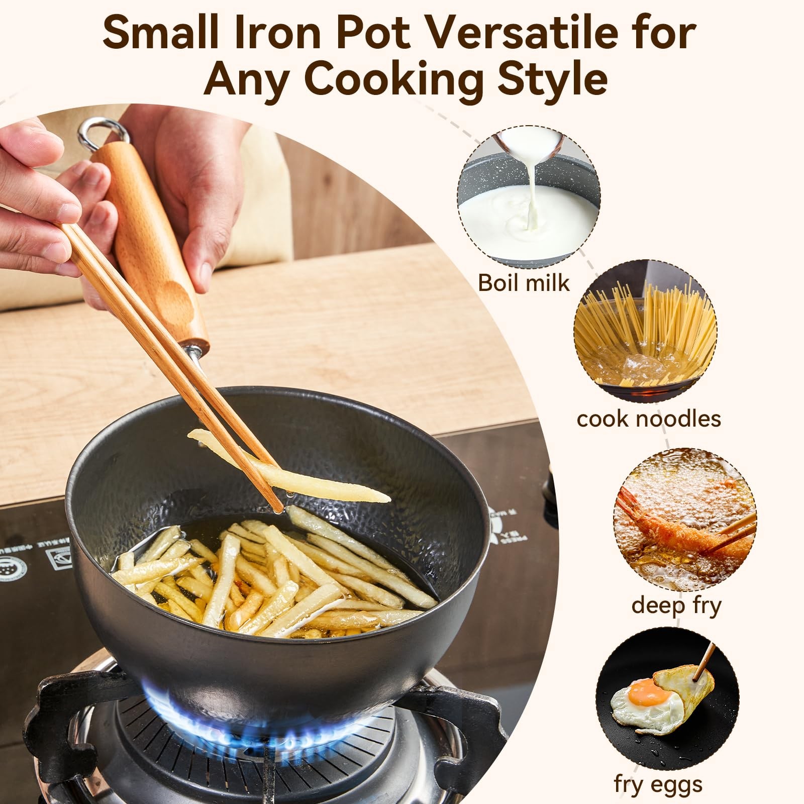 1.5QT Hammered Iron Saucepan With Lid Ramen Milk Pot Wood Handle Camping