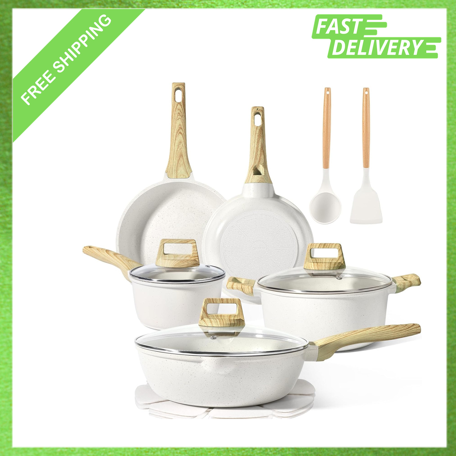 Kitchen Cookware Set Nonstick 14 Piece Granite Induction Frying Pans Saucepans