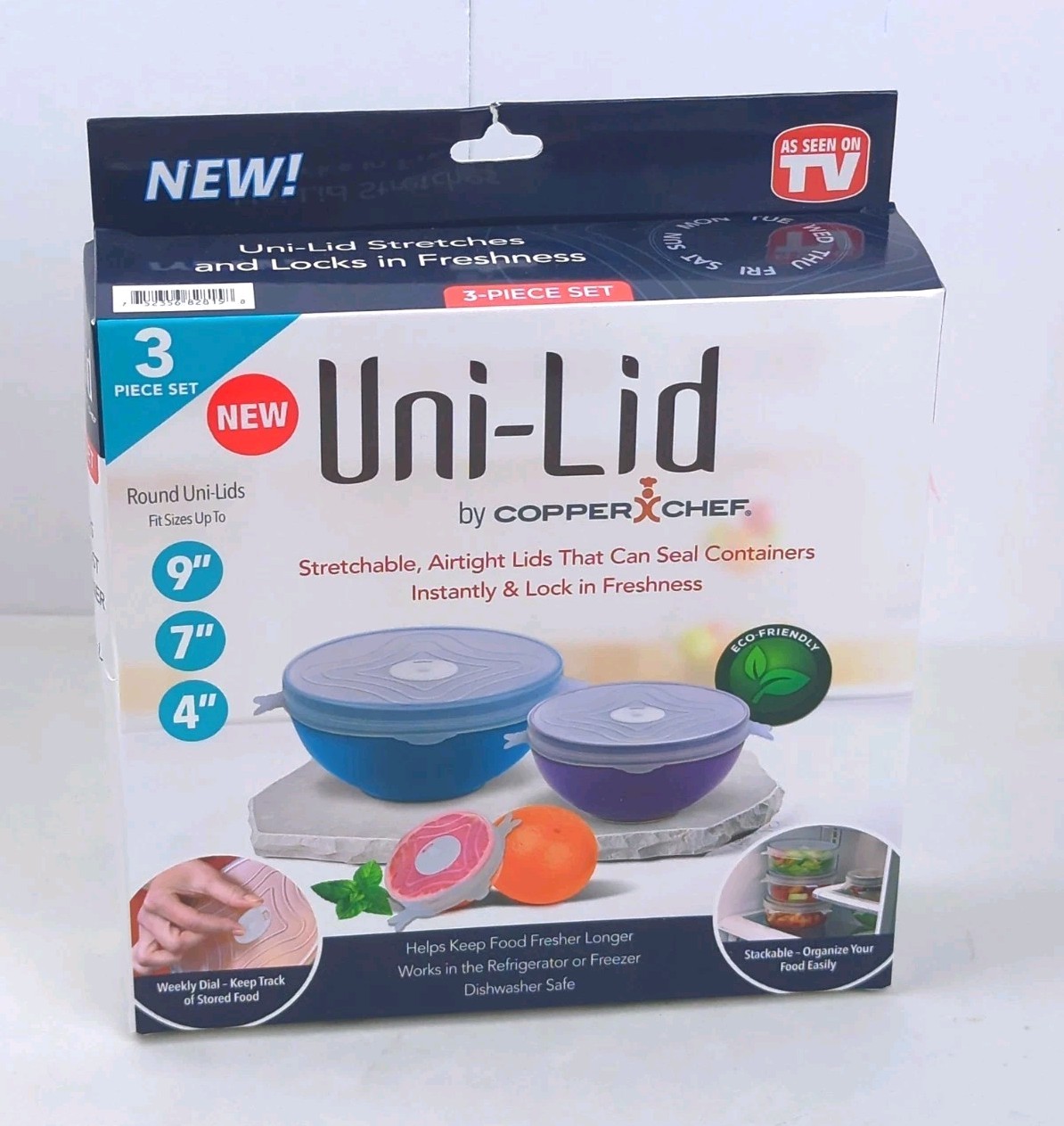 UNI-LID by Copper Chef, Round Stretchable Airtight Lids Set, 3 SIZES: 9″, 7″, 4″