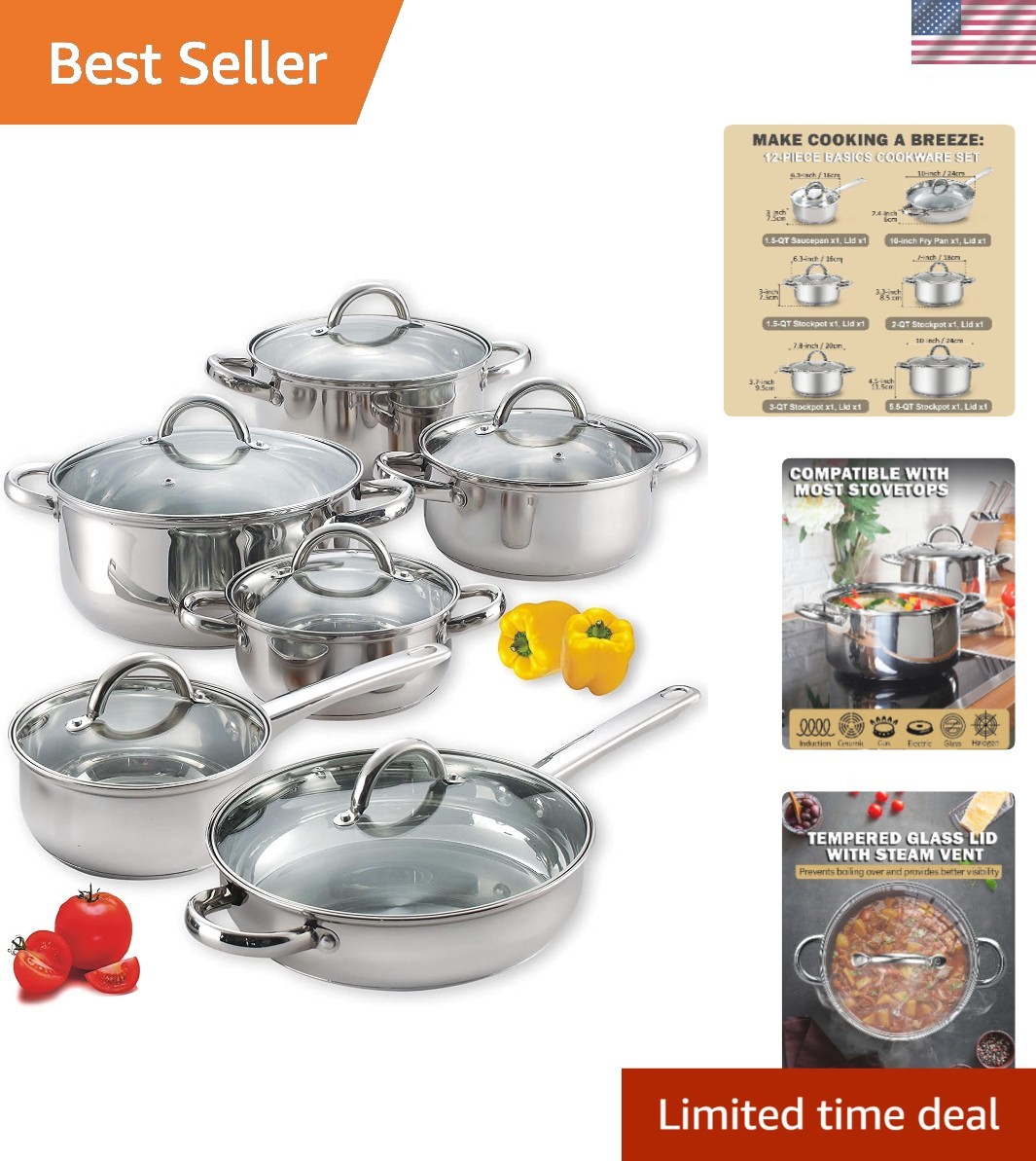 Cookware Sets Stainless Steel Pots Pans 12 Piece Induction Dishwasher Safe