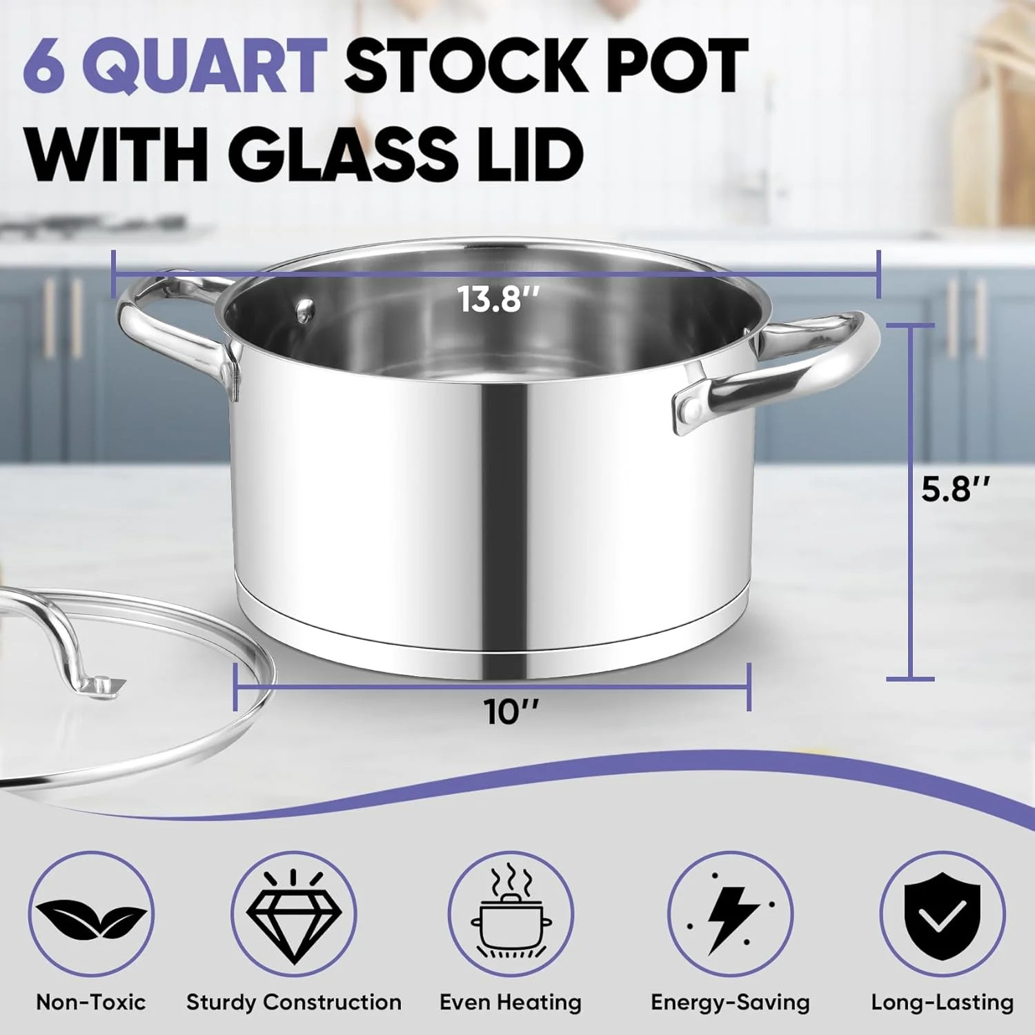 6QT Stainless Steel Stock Pot with Glass Lid Tri Ply Base Heavy Duty Dishwasher