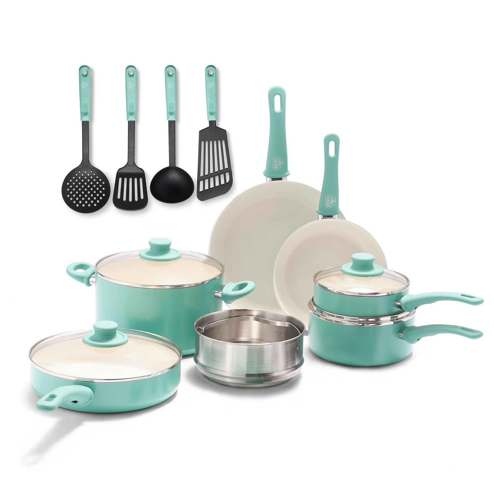 Turquoise 15 Piece Healthy Ceramic Nonstick Cookware Set with Glass Lids