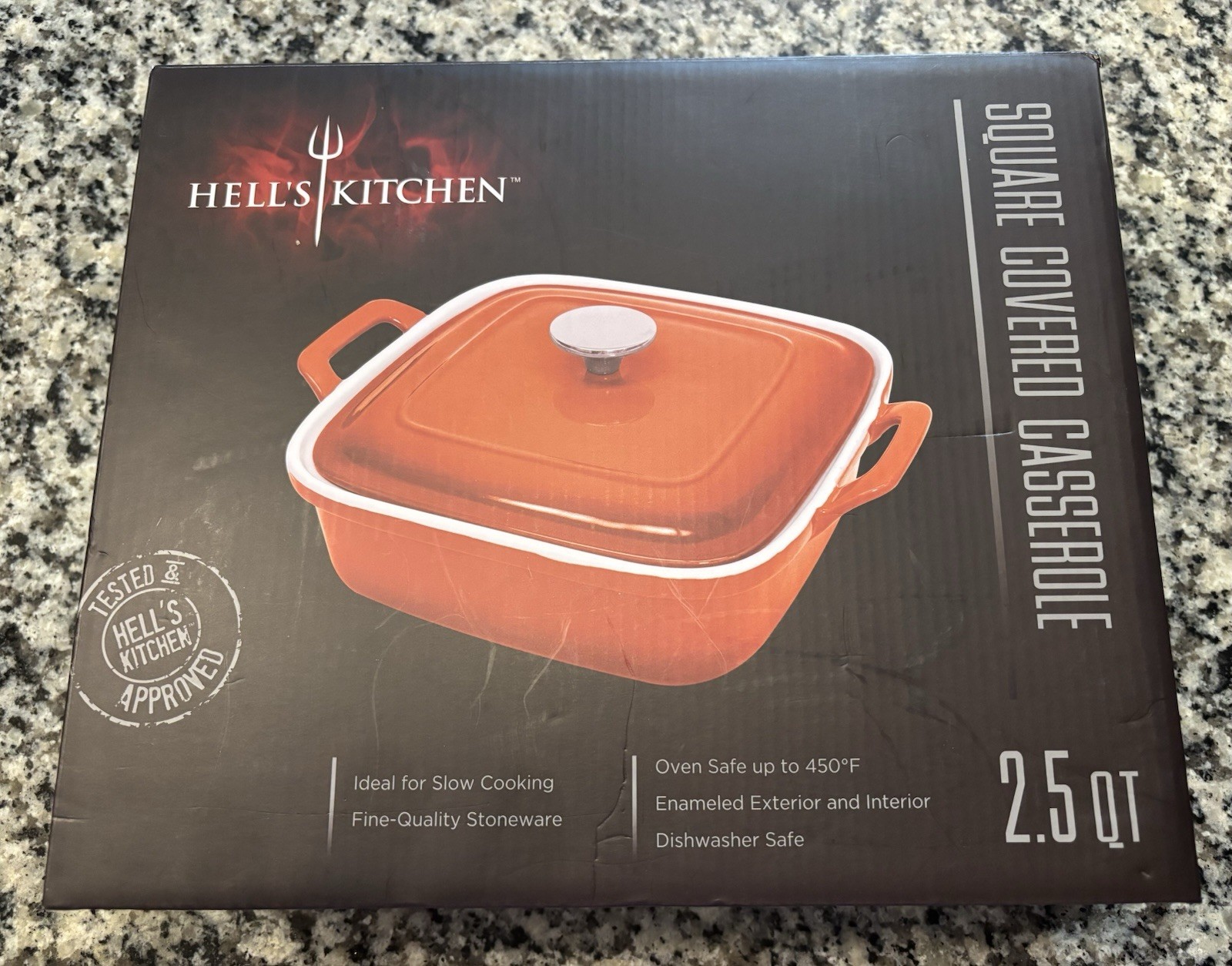 Hells Kitchen Red White Ceramic Bakeware Square Covered Casserole Cooking Dish 