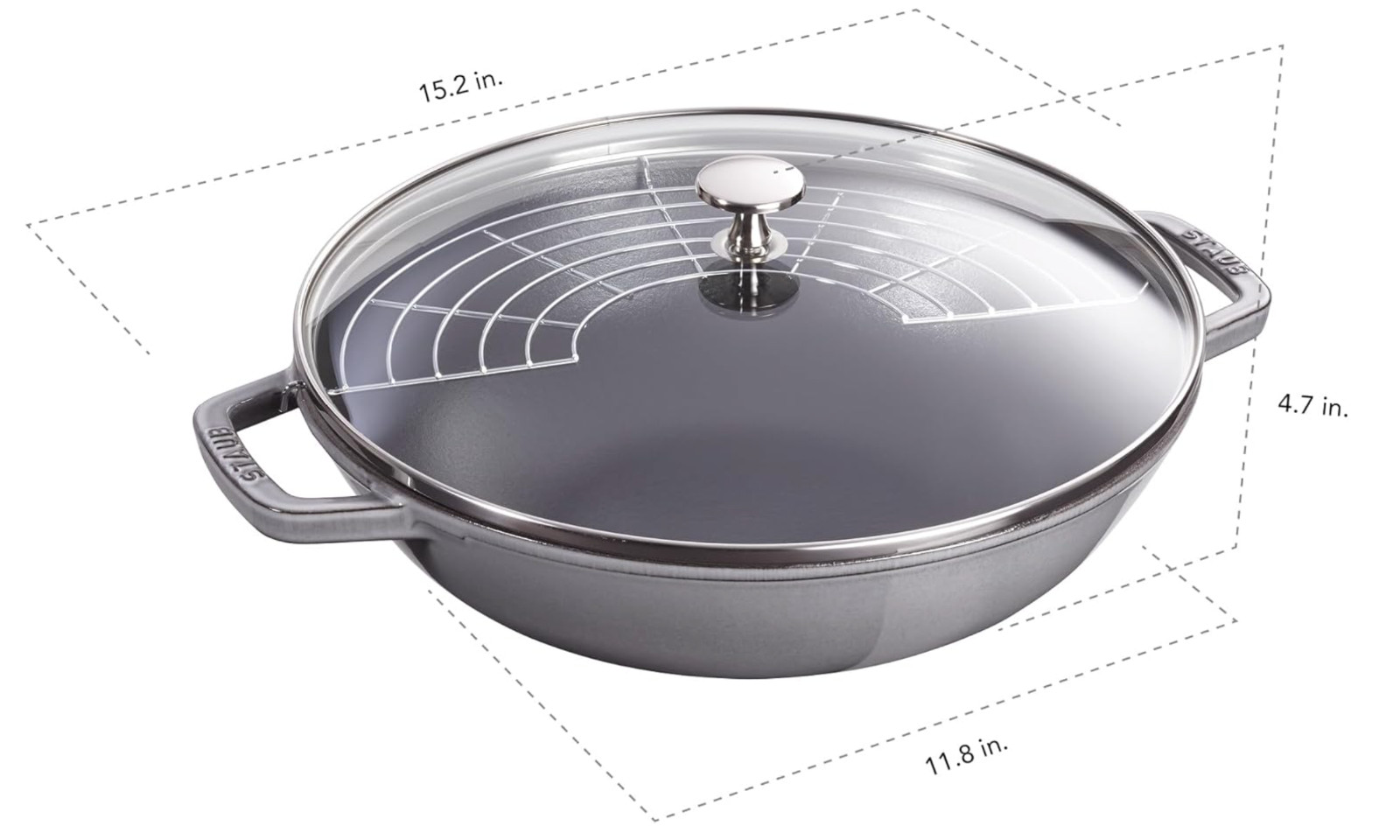 Staub Cast Iron Perfect Pan, Wok, Dutch Oven, 4.5qt, Made in France, Grey