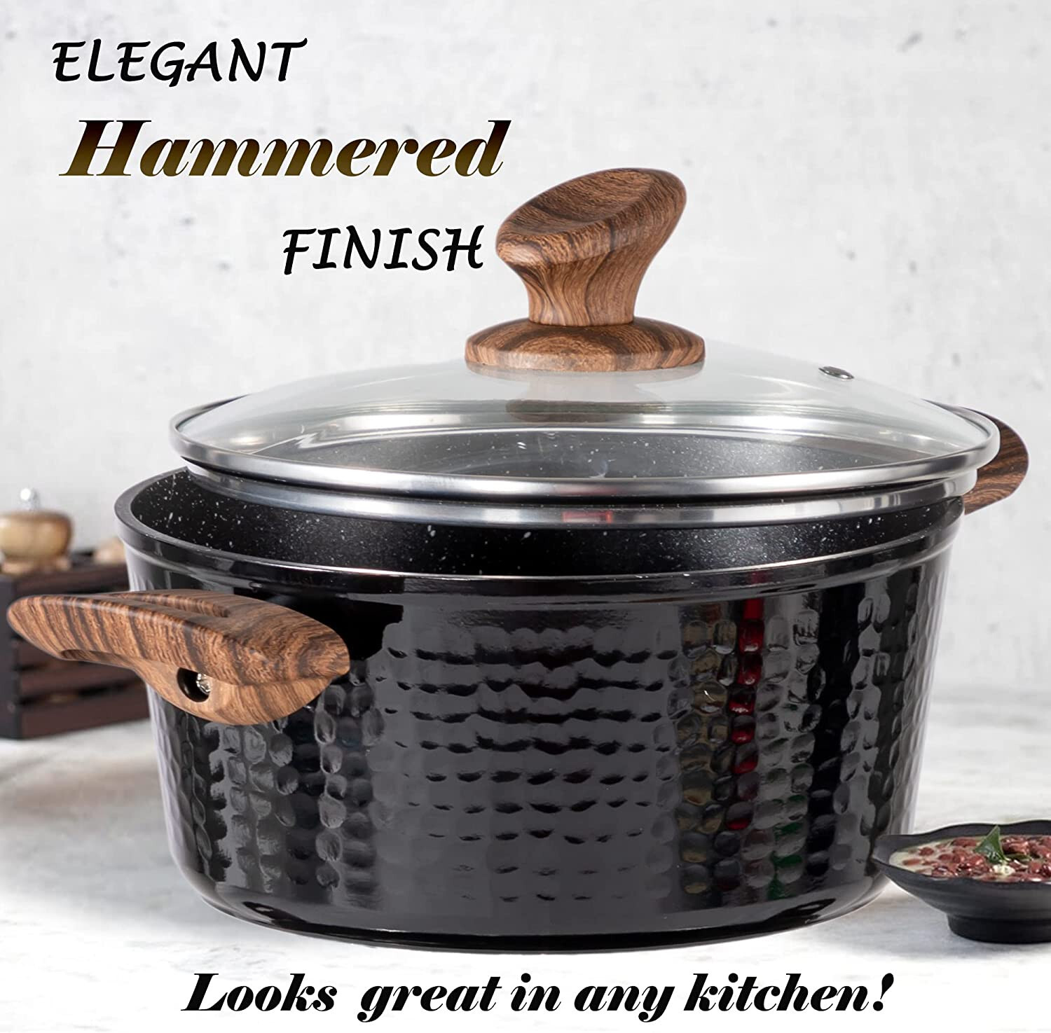 15 Piece Hammered Cookware Set Nonstick Granite Coated Pots and Pans Set Black