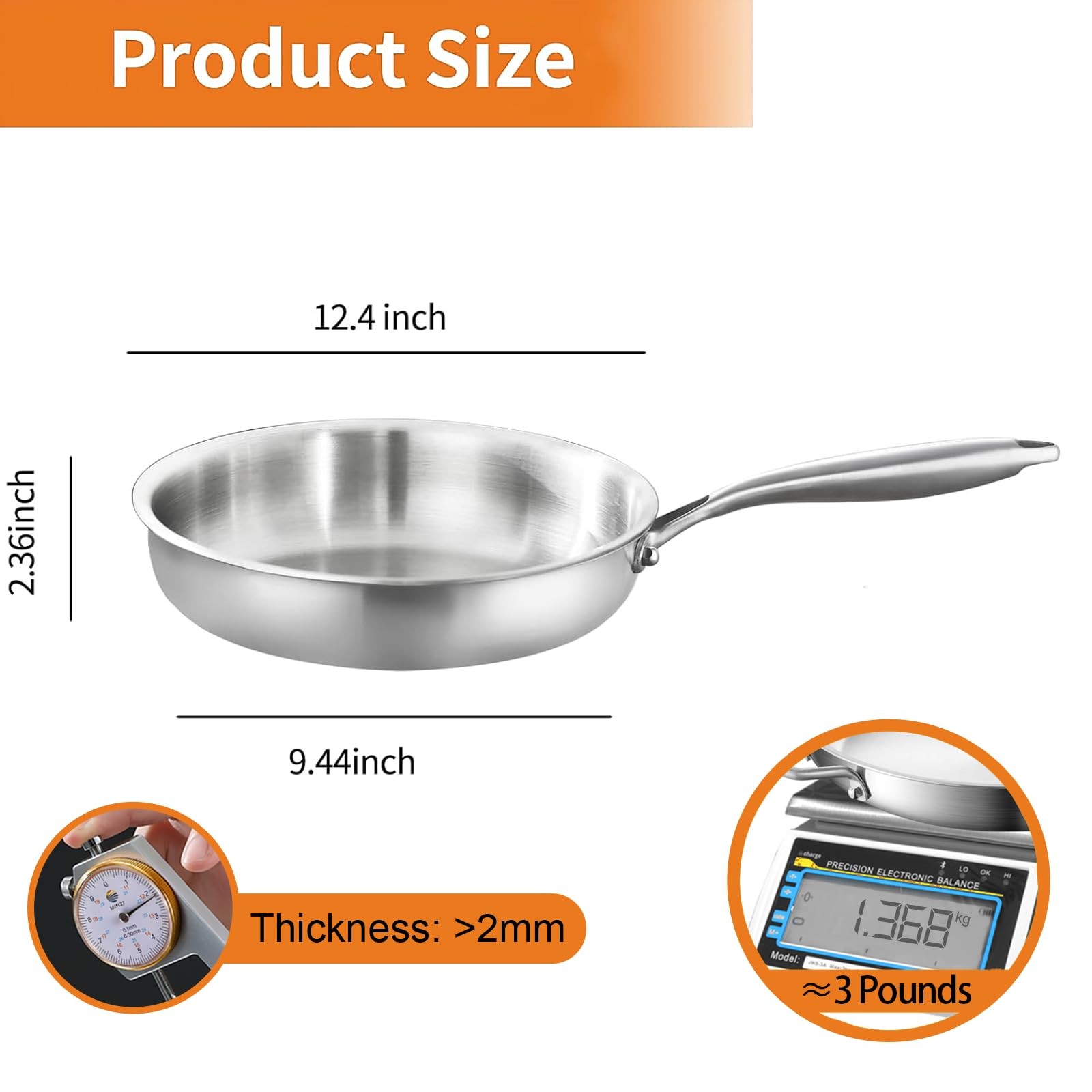 Tri-Ply Stainless Steel Pan, 18/10 Frying Pan, Oven Safe Up to 600°F, Nontoxi…