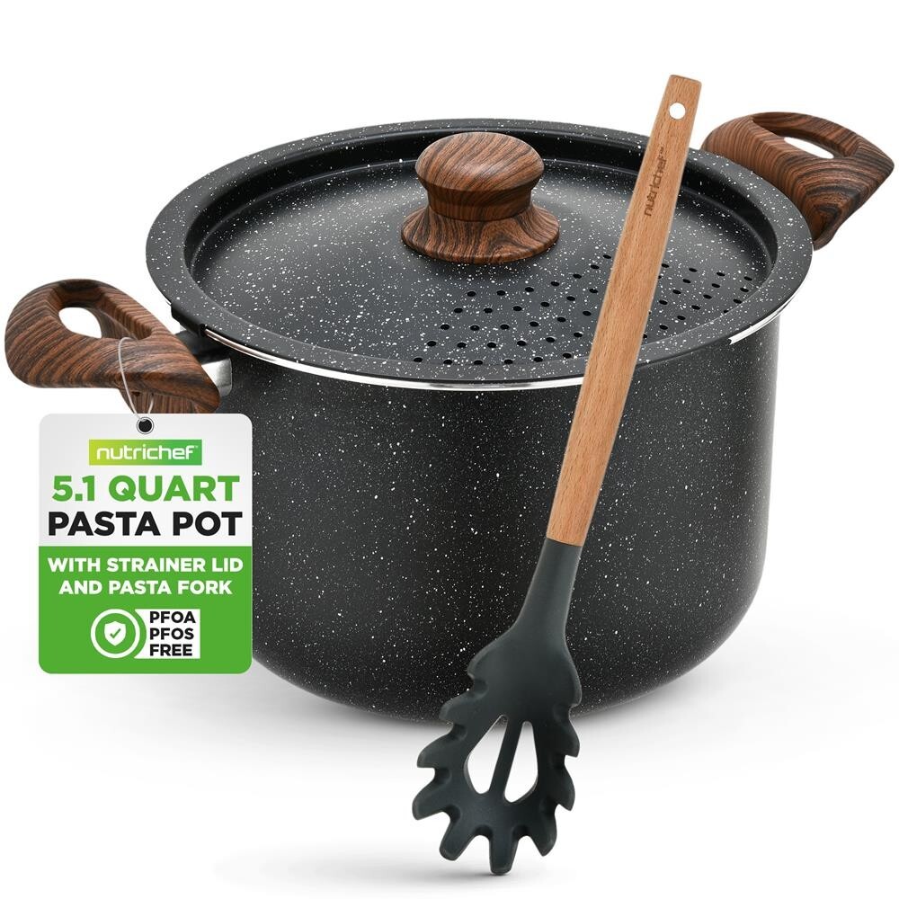 NutriChef 5.1 Quart Multipurpose Non-Stick Aluminum Pasta Pot (Black Marble)