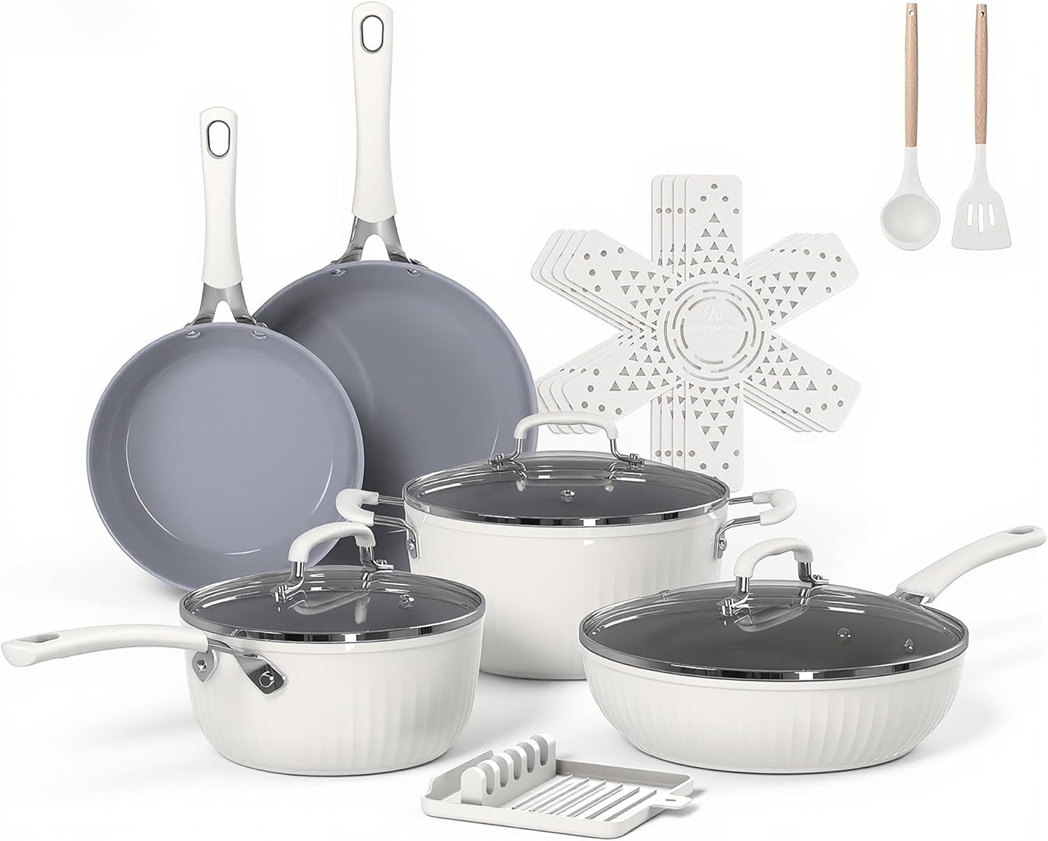 21-Piece Ceramic Pots and Pans Set Non Stick with Detachable Handles and Egg Fry