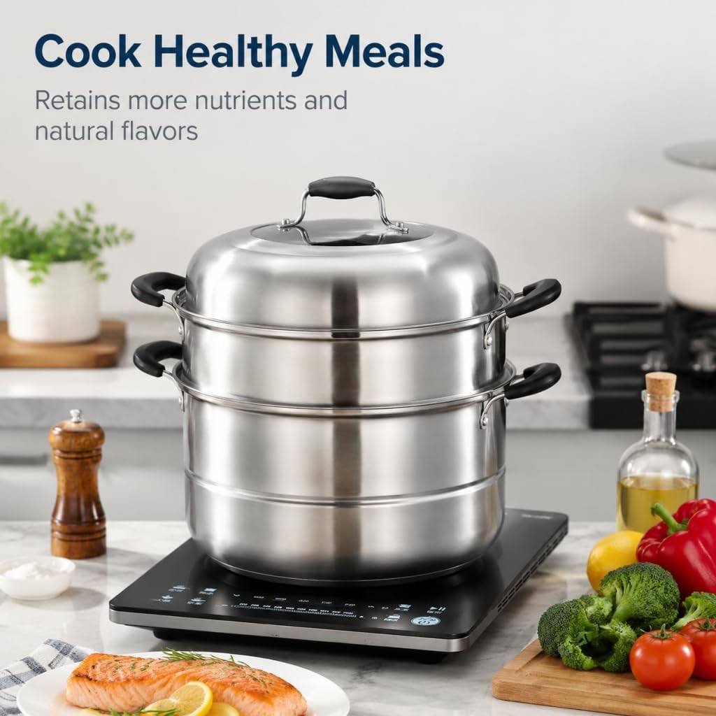 3-Tier Steamer Pot for Cooking Stainless Steel Steam Pot with Lid 12.6Inch