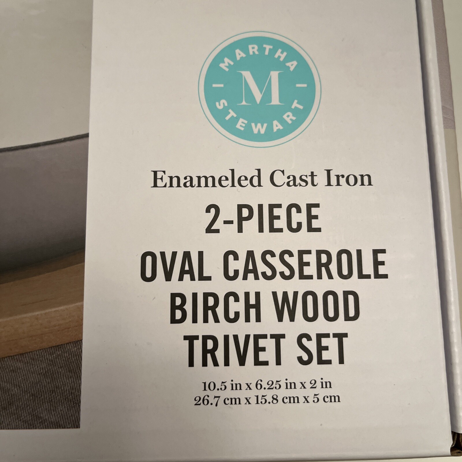 Martha Stewart 2 Piece Cast Iron Oval Au Gratin Casserole Birch Wood Trivet Set