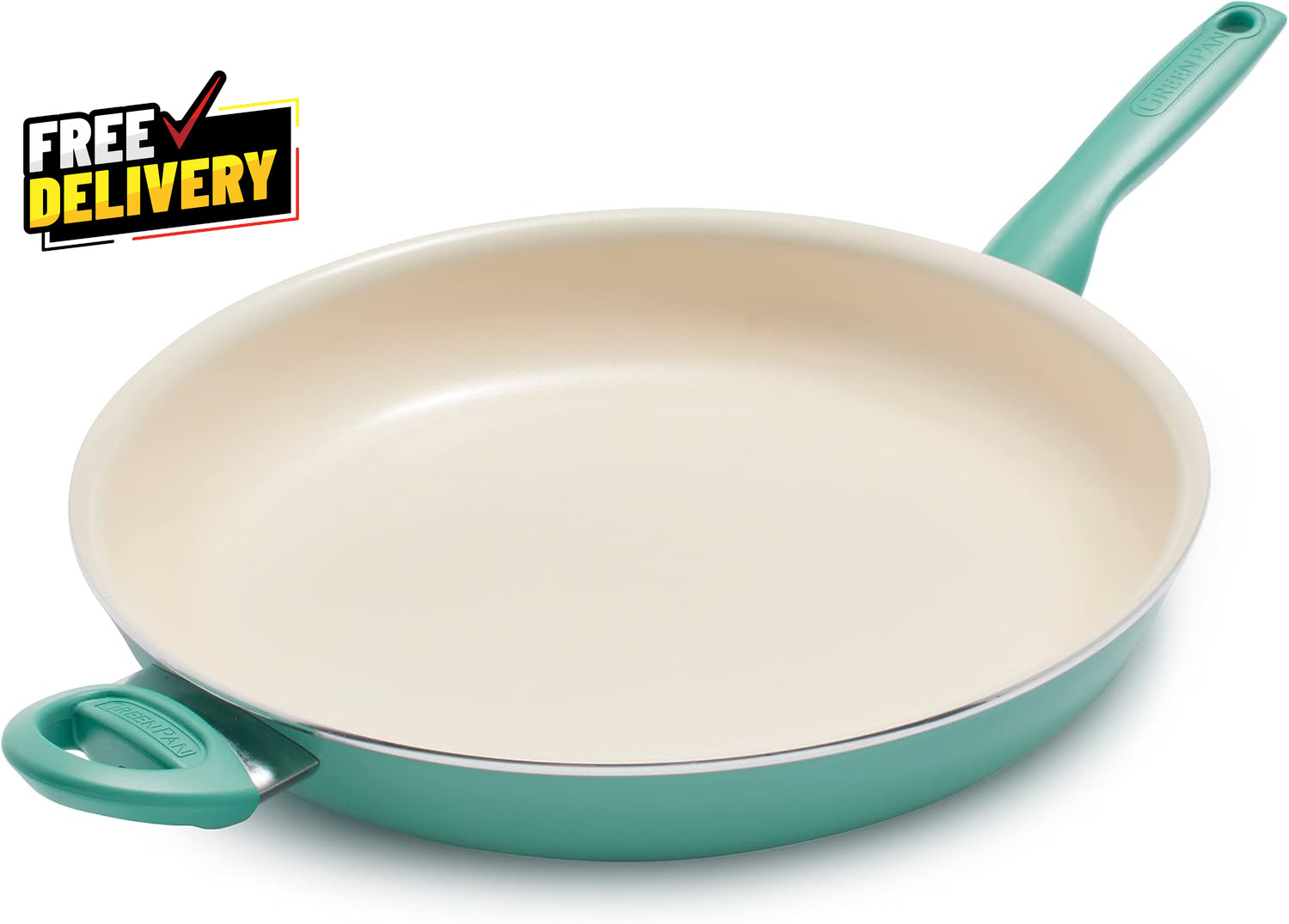 13.5 Inch Ceramic Nonstick Frying Pan Skillet with Helper Handle Turquoise