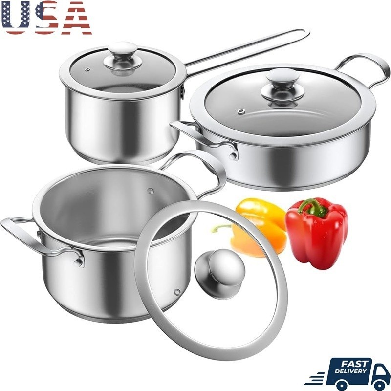Stainless Steel Cookware Set 6PCS Pots W/ Tempered Glass Lids Durable Nonstick