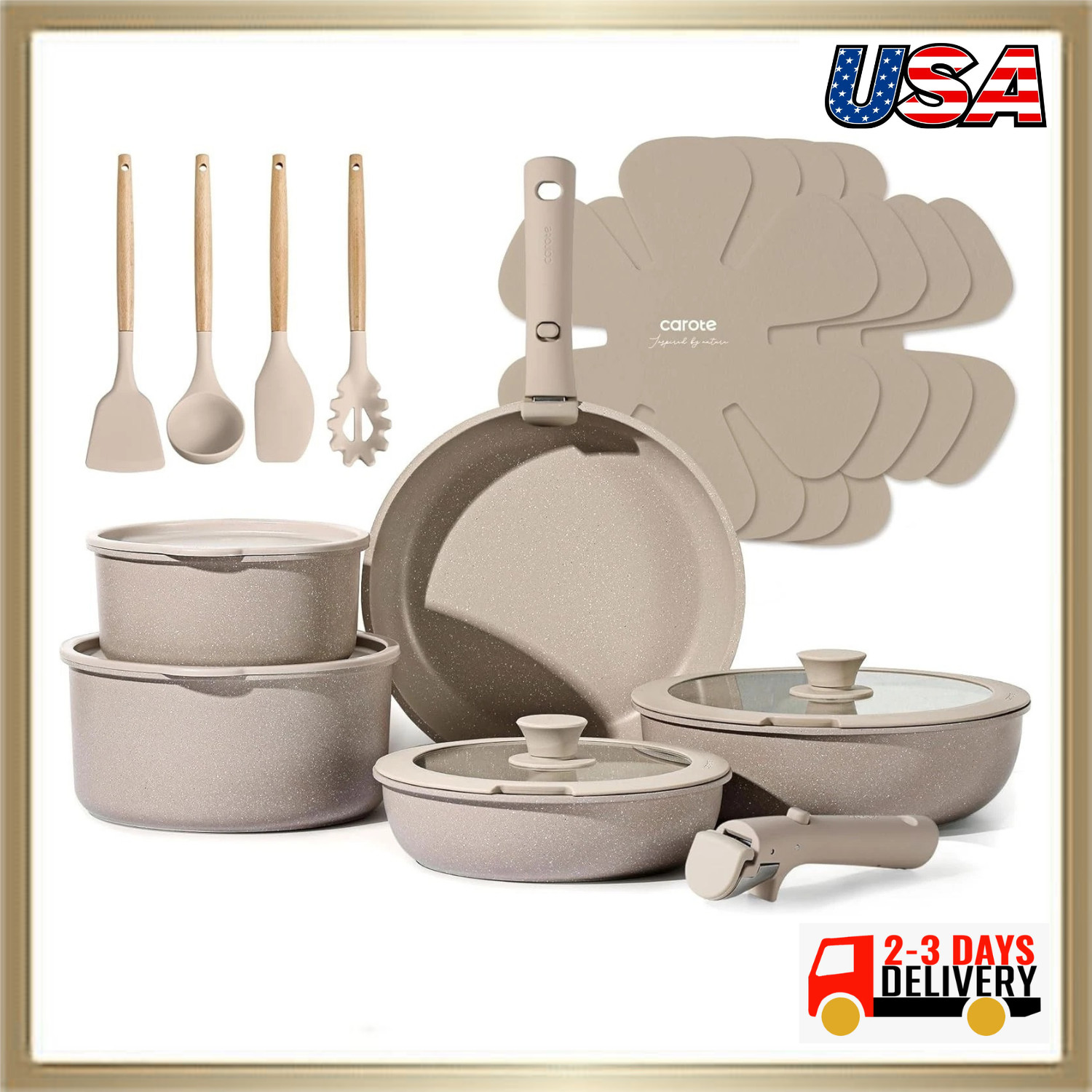 CAROTE 19pcs Pots and Pans Set Non Stick, Nonstick Cookware Set Detachable Handl