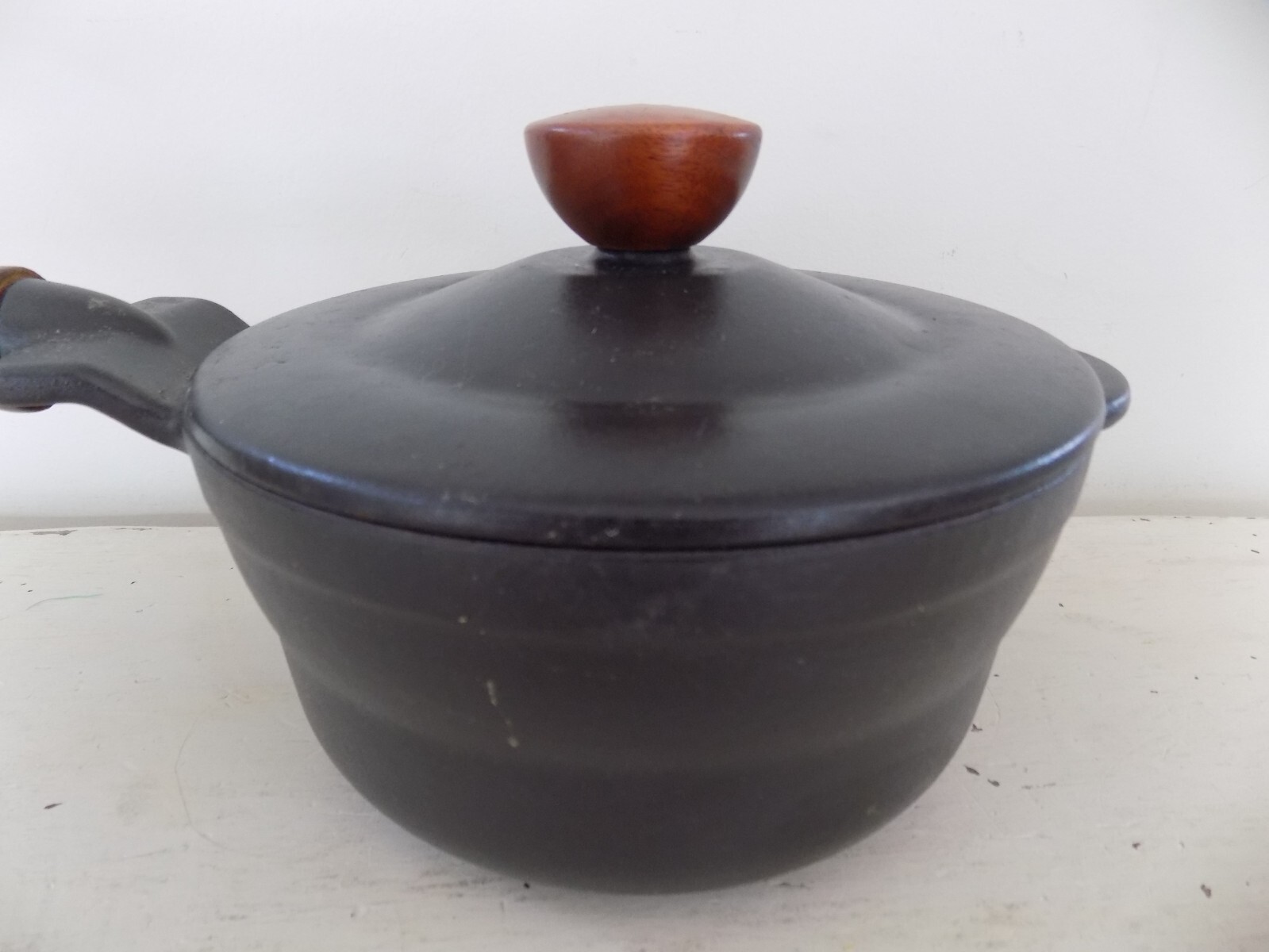 Lafont Shirley Black Cast Iron/Enamel Sauce Pan with Cover & Wood Handle Pot