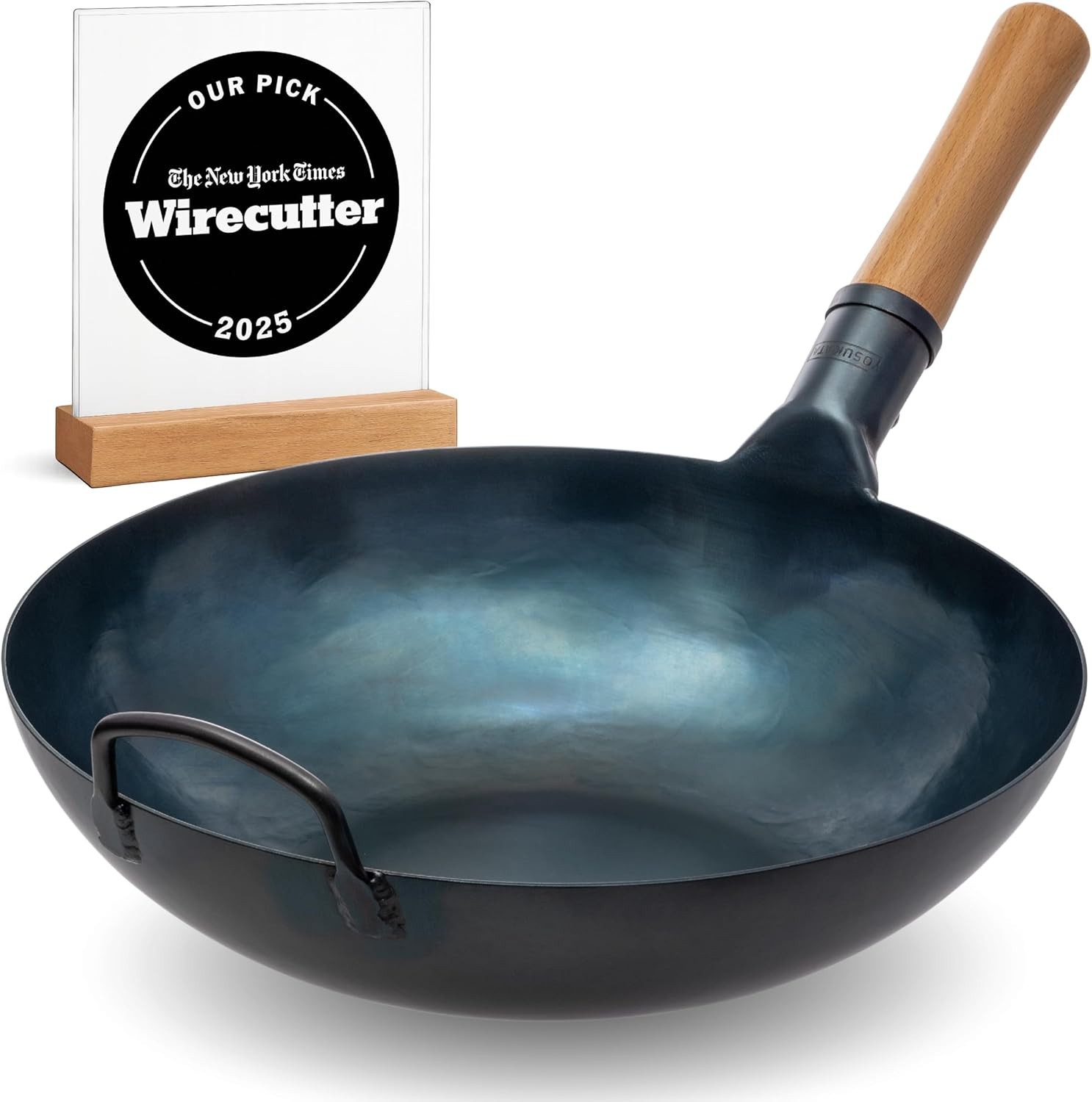 YOSUKATA 13.5” Blue Carbon Steel Wok Pan – Pre-Seasoned Flat Bottom Wok Compatib