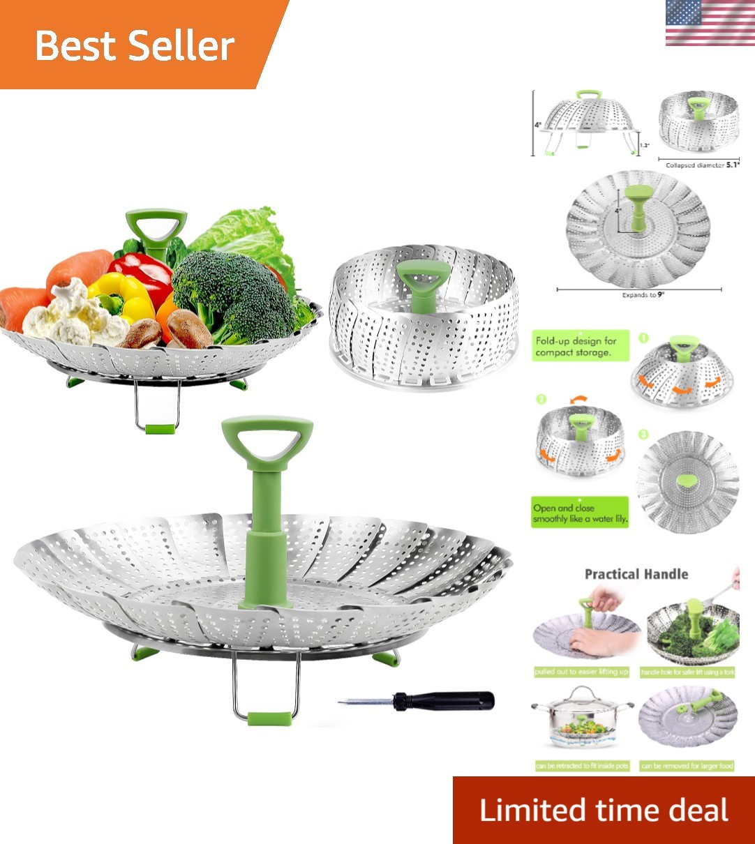 Versatile Veggie Steamer Basket – Expands 5.1″ to 9″ for Various Pot Sizes