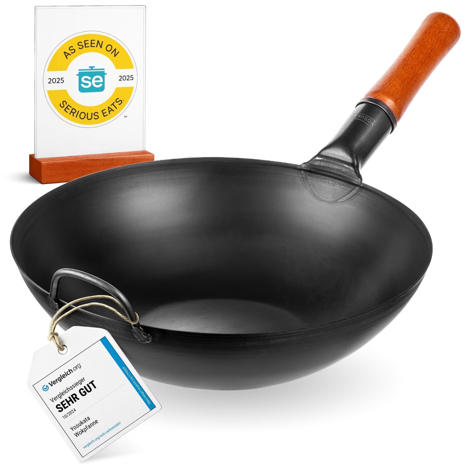 YOSUKATA 13.5-Inch Pre-Seasoned Carbon Steel Wok Pan Flat Bottom