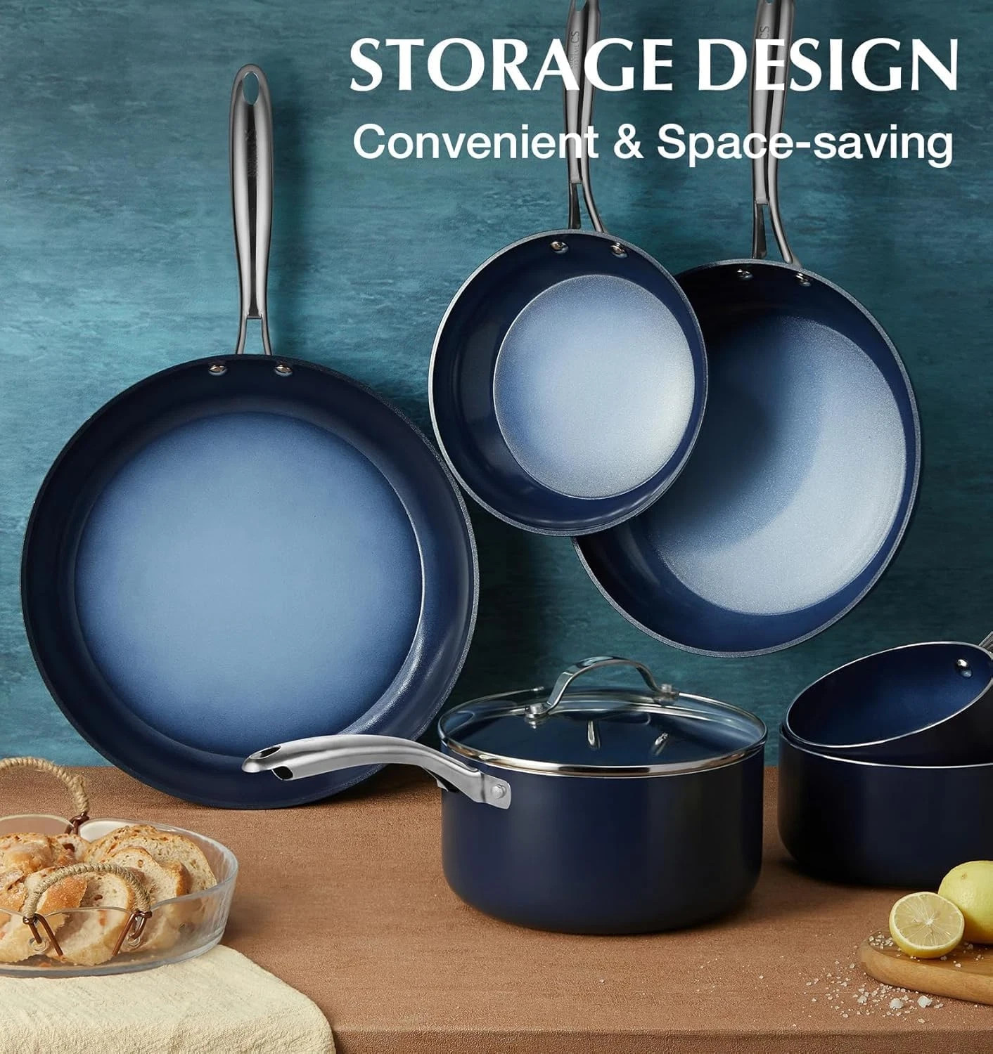 Large 14″ Nonstick Frying Pan with Lid, Oven Safe & Induction Compatible, Blue