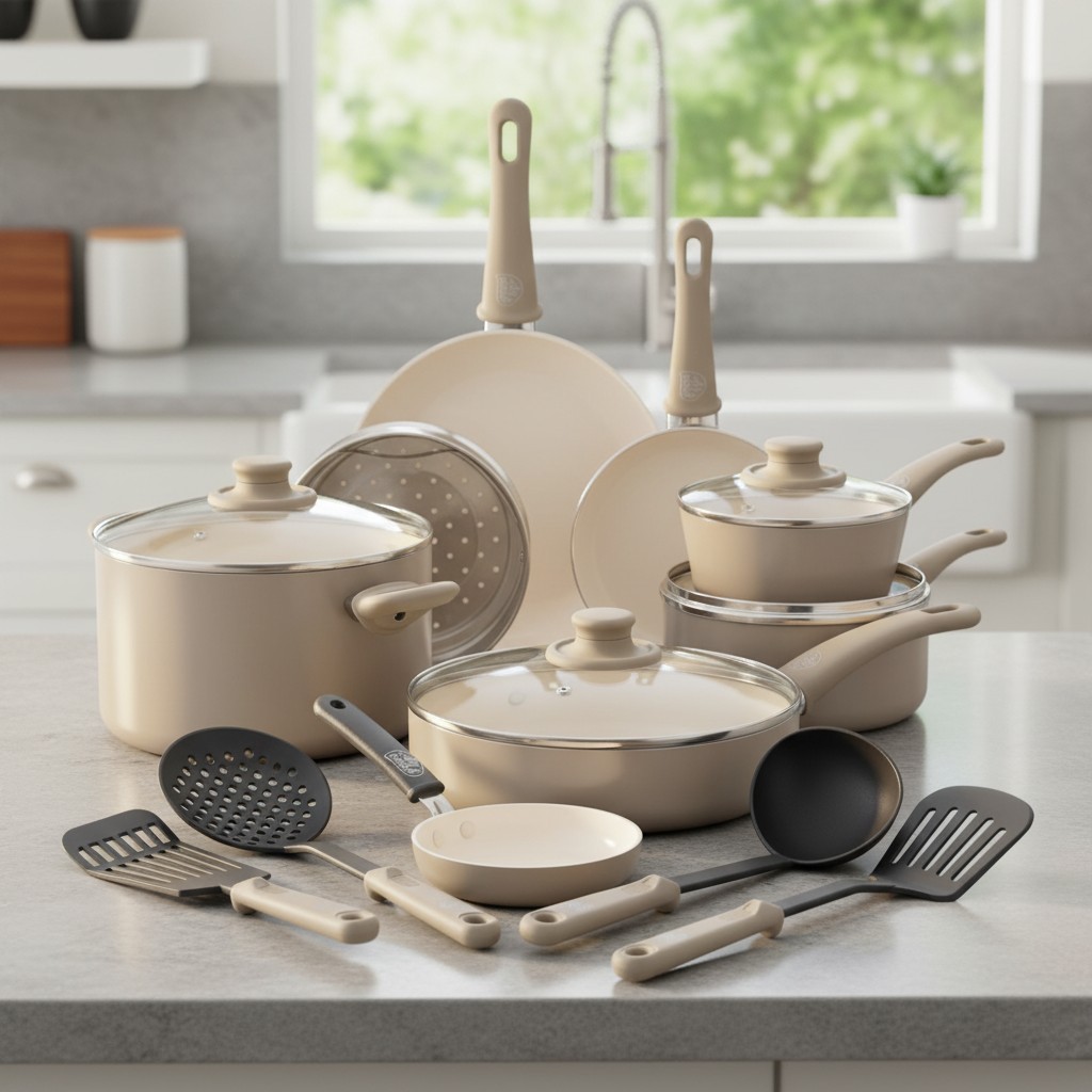 16-Piece Taupe Nonstick Cookware Set – Non-Toxic Ceramic Safe for All Stovetops