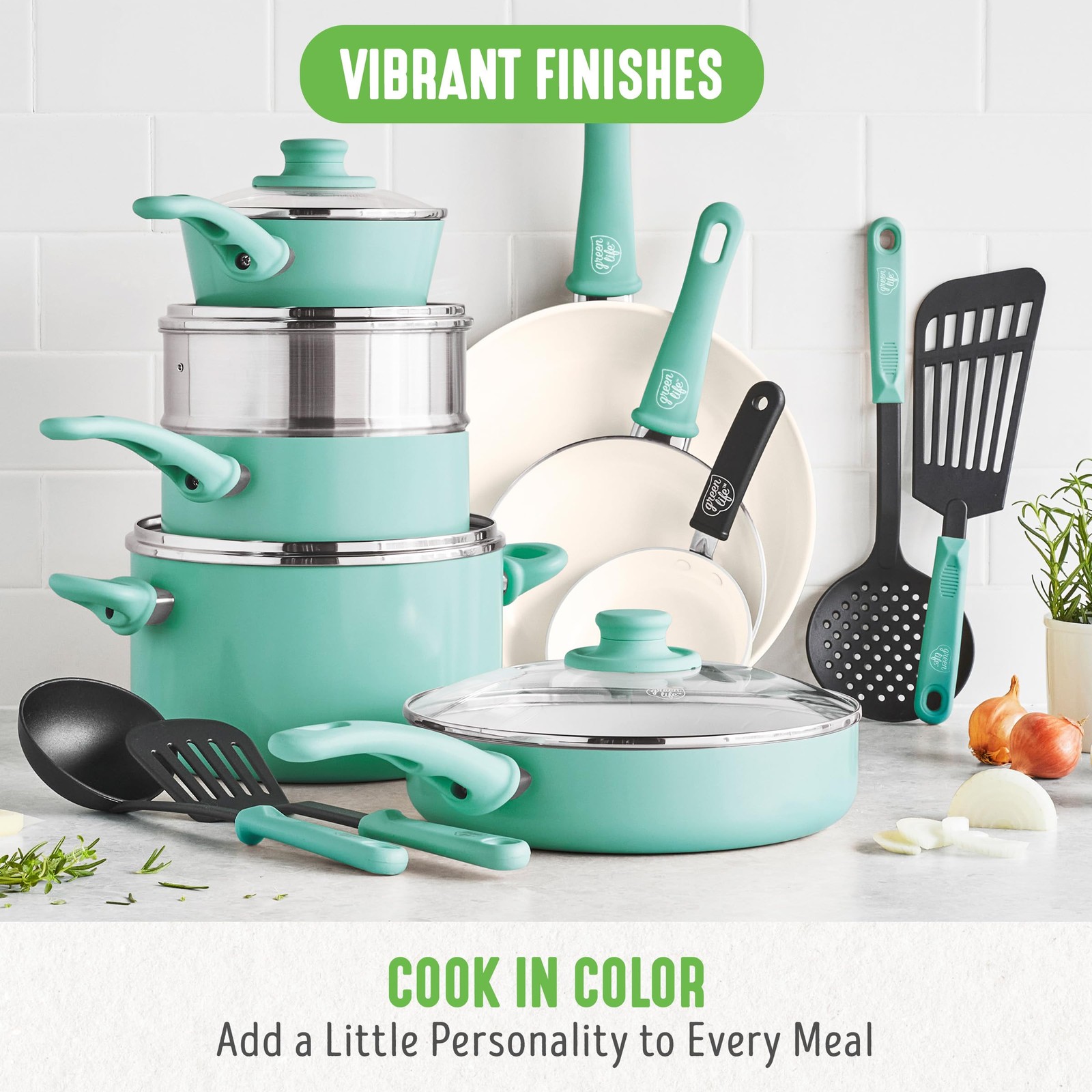 Turquoise 15 Piece Healthy Ceramic Nonstick Cookware Set with Glass Lids