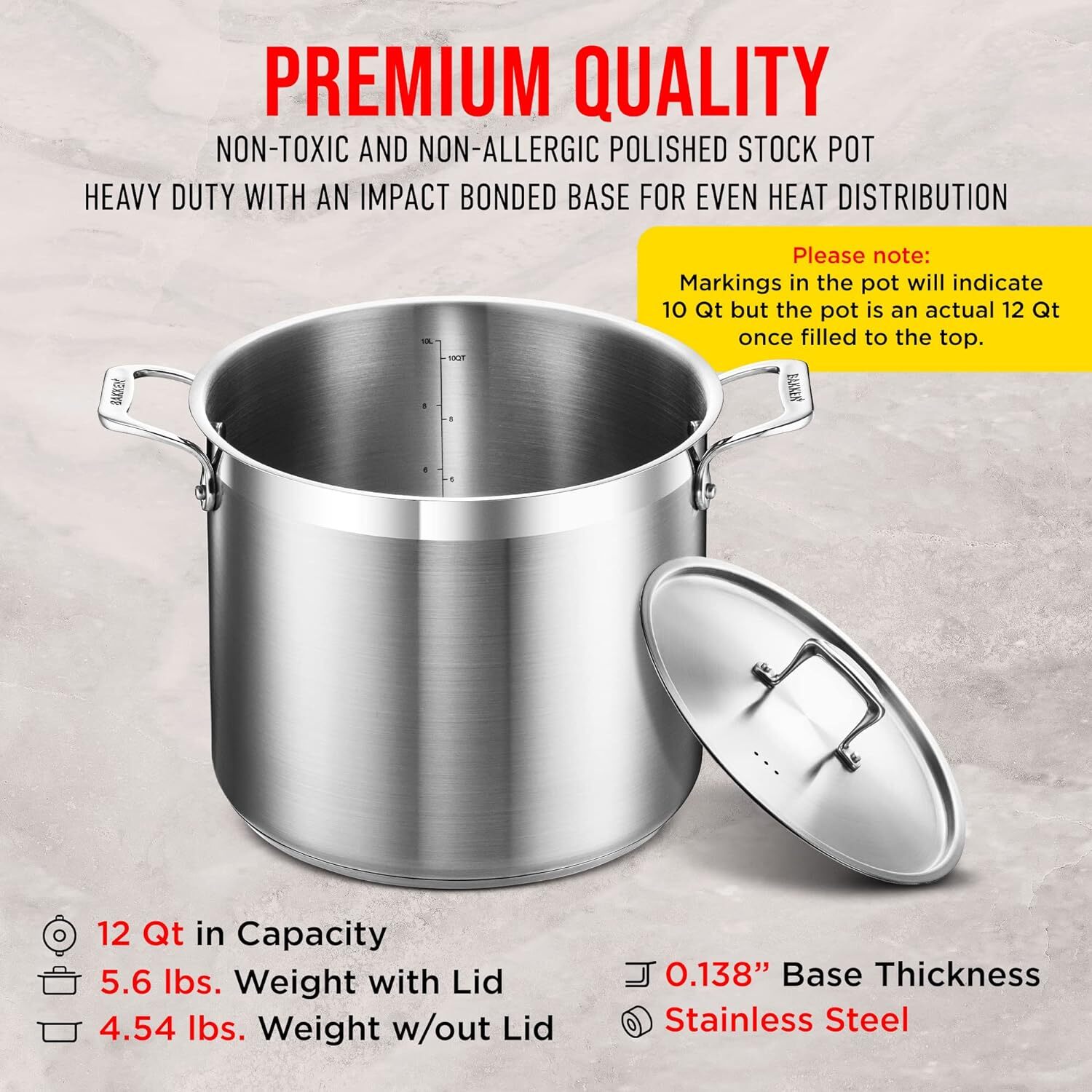 12-Quart Stockpot, Heavy Duty Stainless Steel, Induction, Lid & Riveted Handles