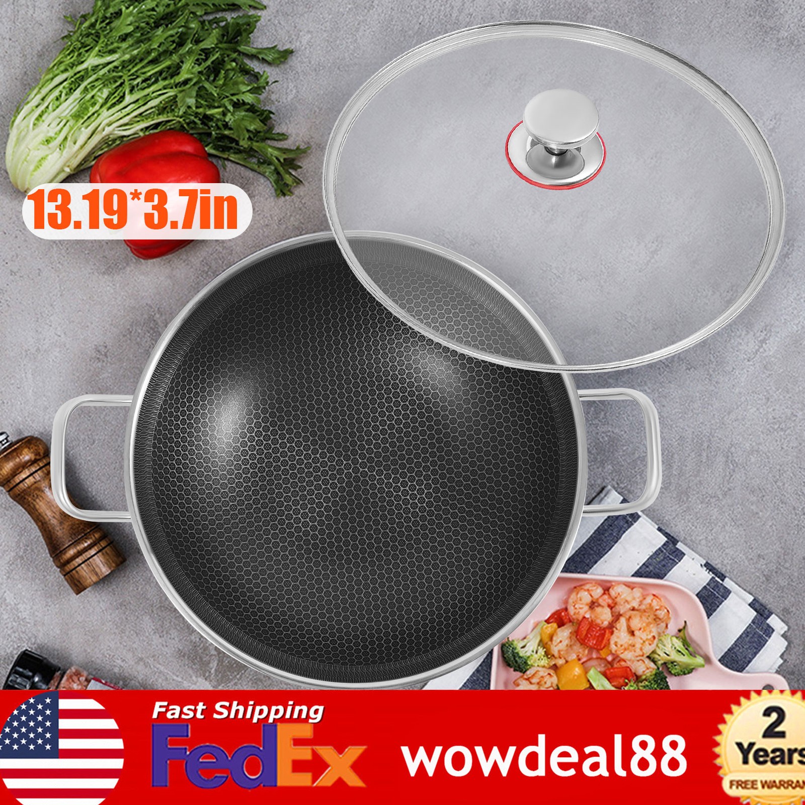 Skillet With Lid 34cm Non Stick Paella Pan Stainless Steel Frying/Cooking Pan