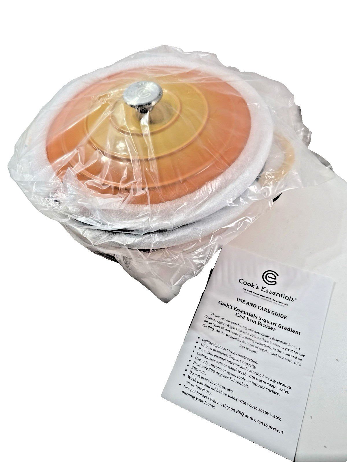 NEW IN BOX YELLOW/ORANGE Cook’s Essentials 5Qt Enamel Cast-Iron Braiser w Lid