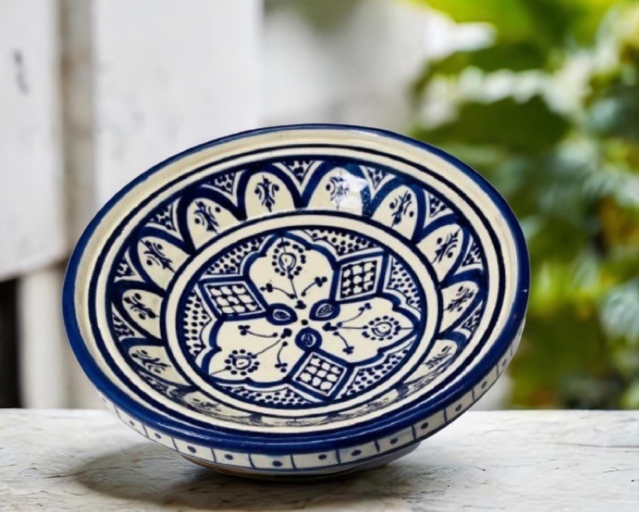 BHAR Blue Moroccan Tagine Base 7 7/8” – Terracotta Salad Bowl – No Lid