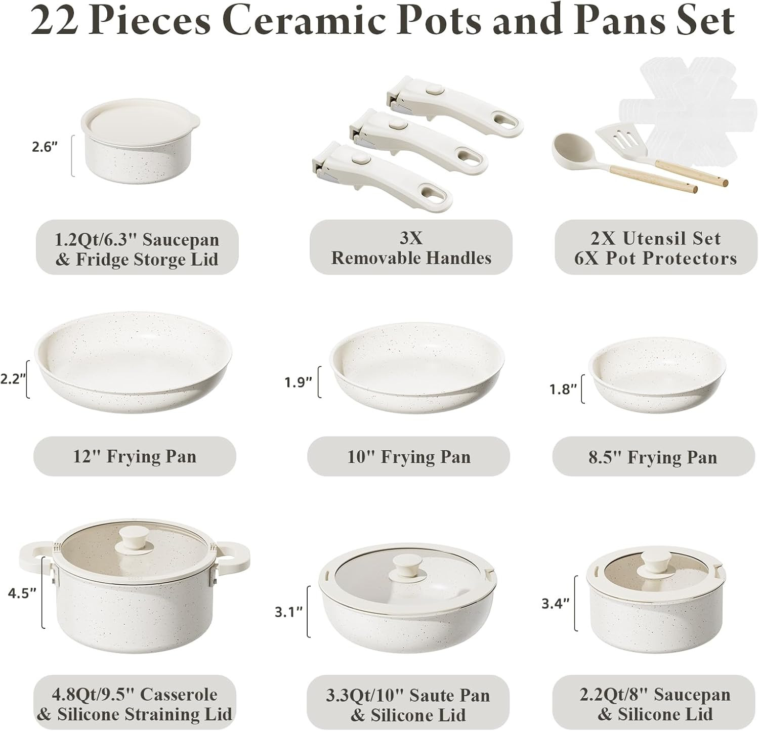 22 Pcs Pots and Pans Set Non Stick with Removable Handles Ceramic Cookware Set