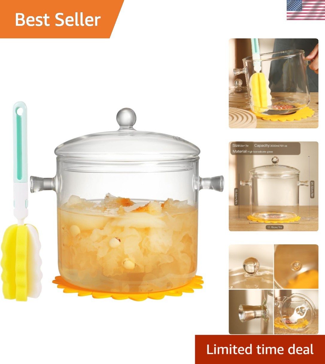 Glass Cooking Pot with Lid Brush and Hot Pads 3L Borosilicate Stovetop Pan