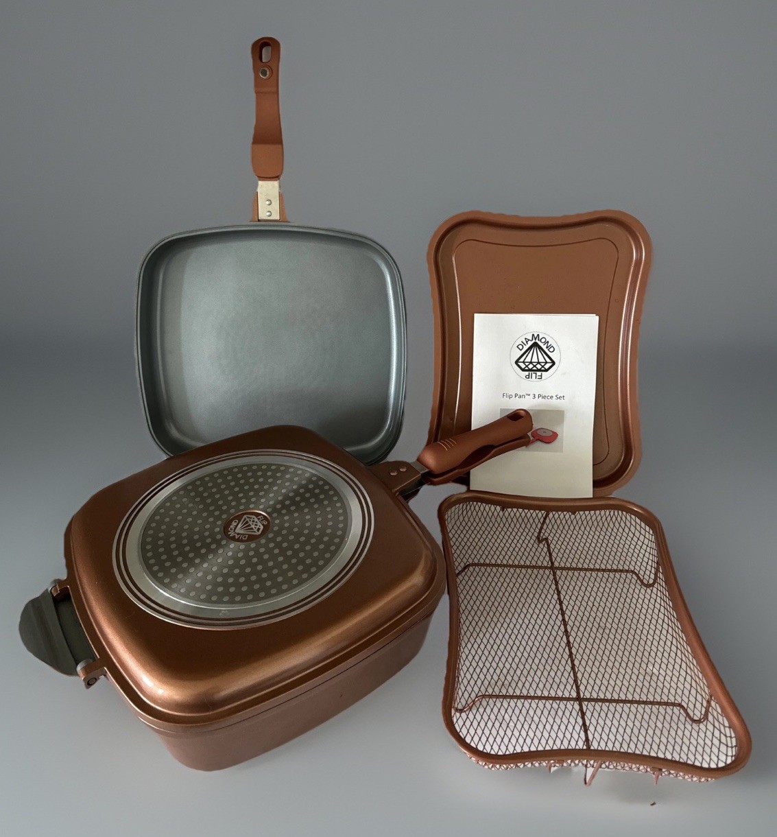Diamond Flip Pan Cast Aluminum Nonstick Flip 3 Piece Set Tray And Basket Copper
