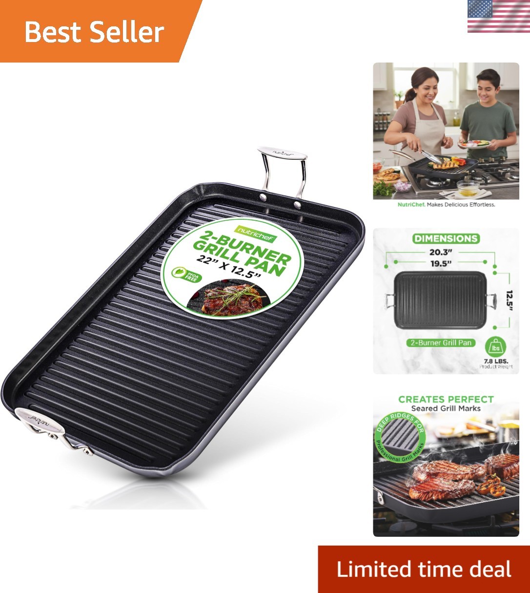 20″x13″ Stove Top Grill Pan – Double Burner, Hard-Anodized Non stick Grill & …