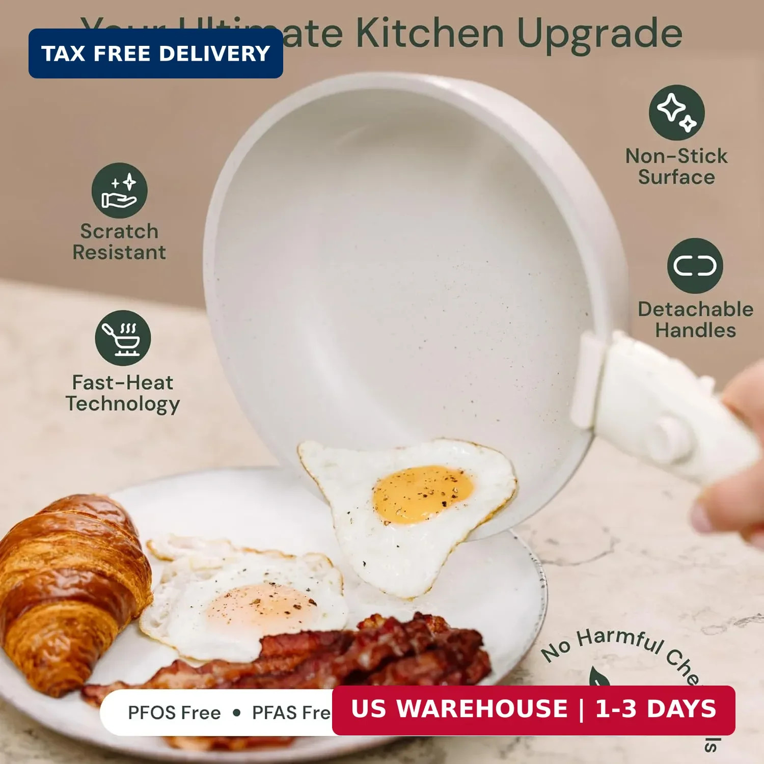 15-Piece White Granite Nonstick Cookware Set – Detachable Handles & Tempered Gla