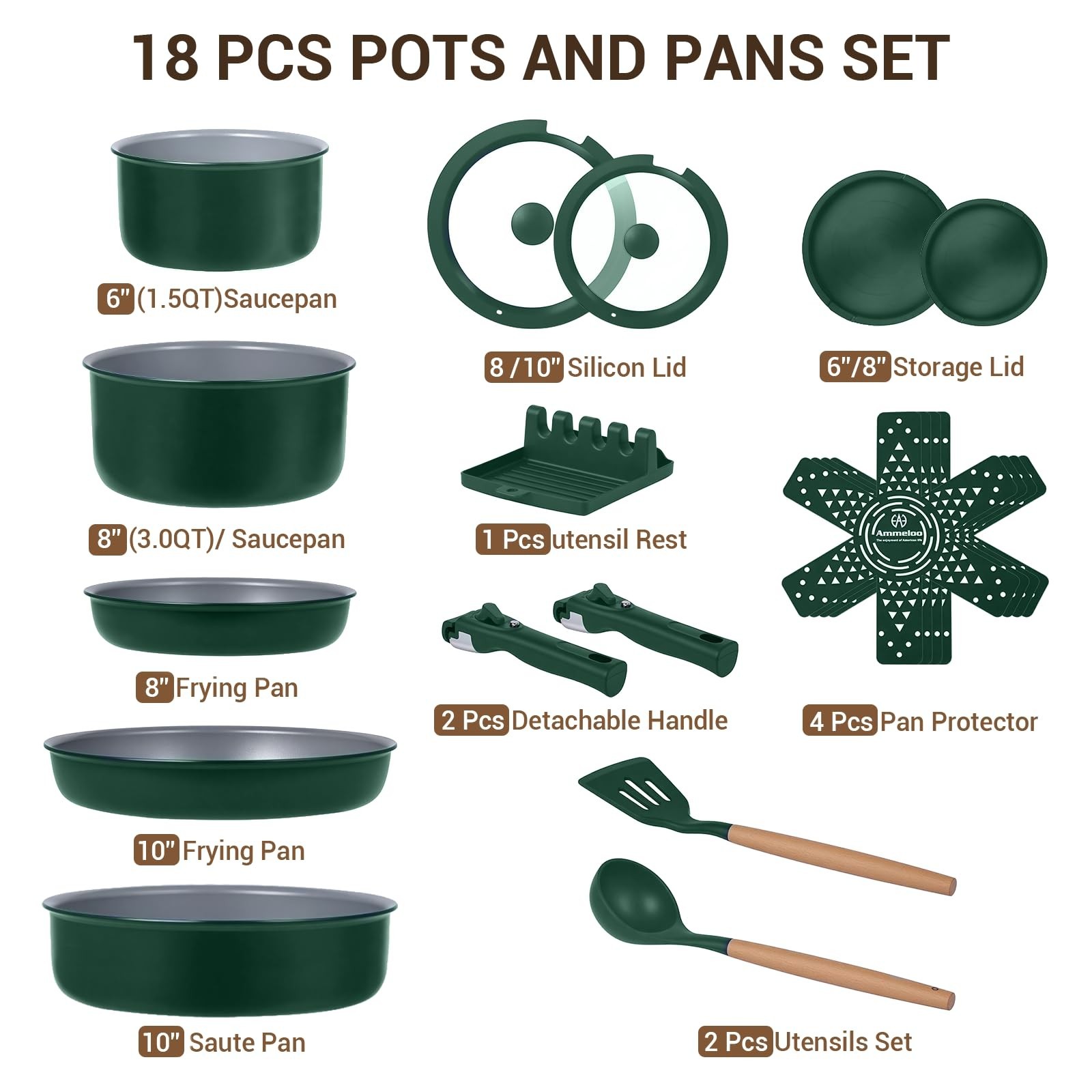 18-Piece Non-Stick Ceramic Cookware Set, Induction Ready, Dishwasher Safe, PFAS