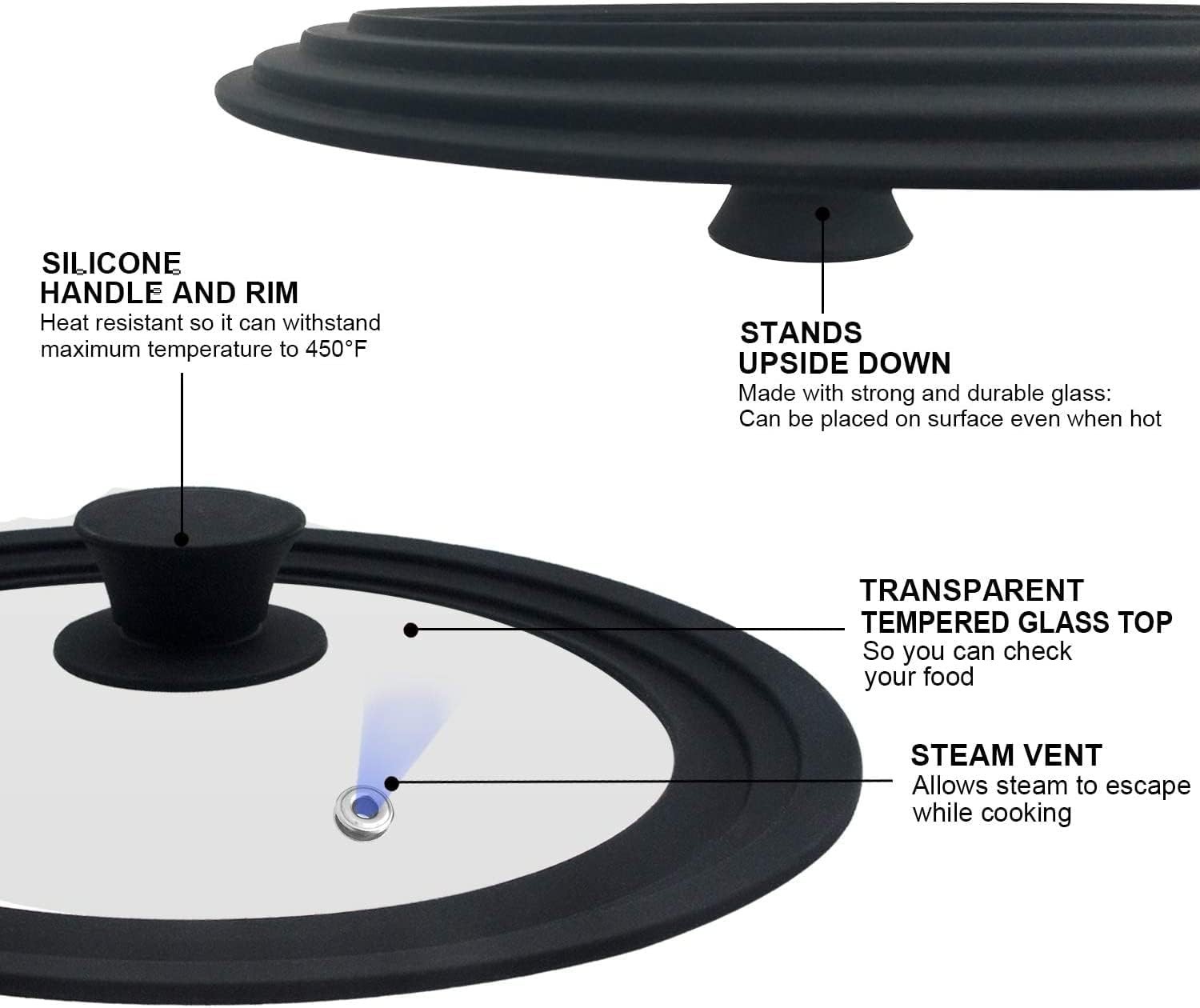 Universal Glass Pot Lid with Silicone Rim Fits 9.5, 10, 11 Inch Cookware