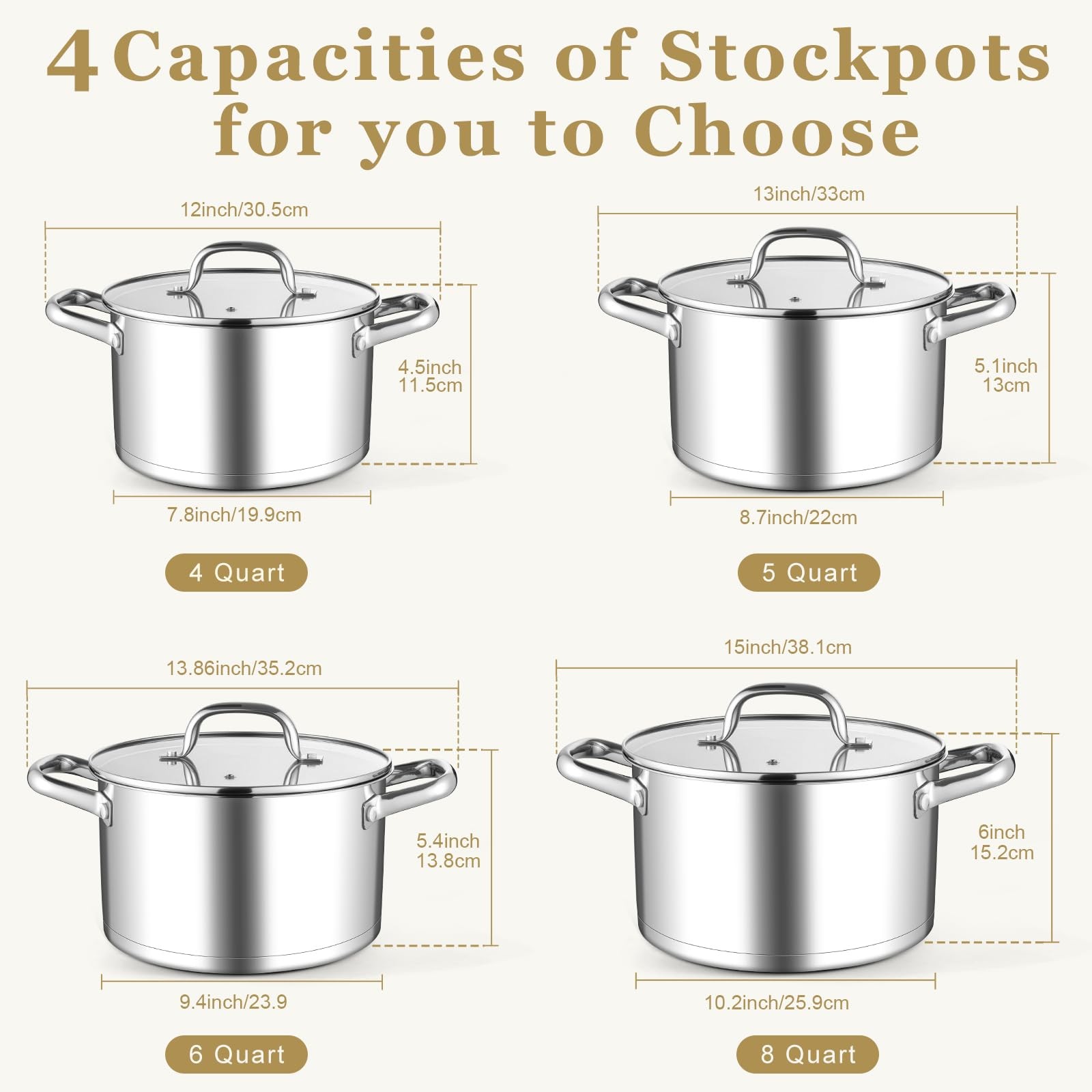 Stainless Steel Stock Pot, 8 Quart Stock Pot with Visible Lid, Heavy Duty 3-P…