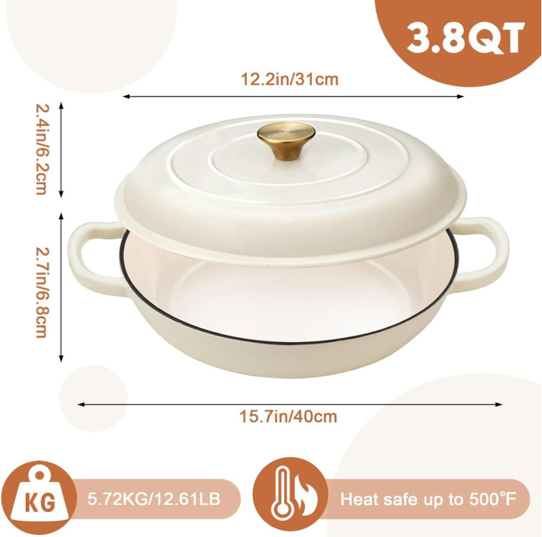 Olla hierro fundido esmaltada 3.8QT con tapa horno guisos y asados, Nuevo