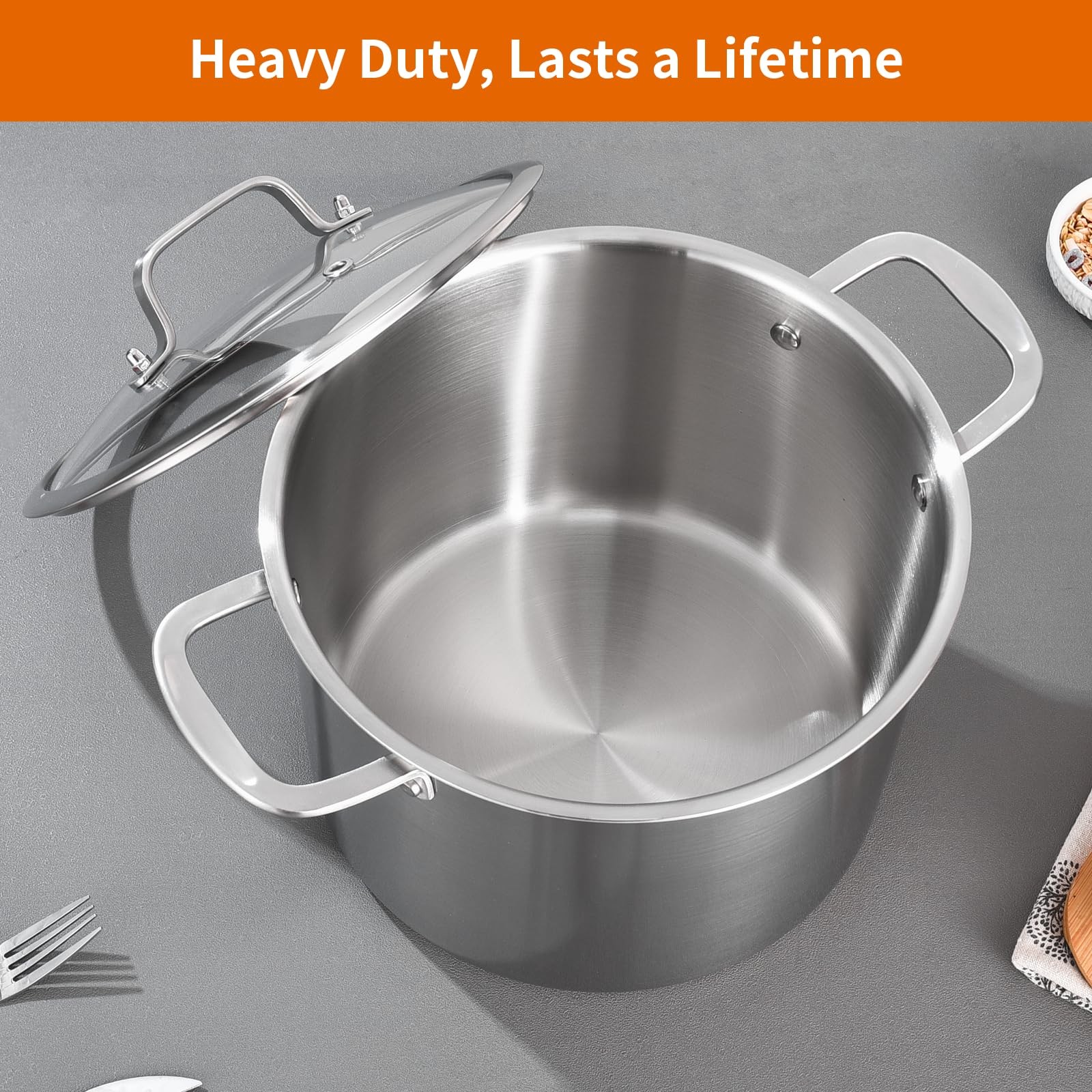 DELARLO Tri-Ply Stainless Steel 8 Quart Stock Pot, Heavy-Duty, All Stove Comp…