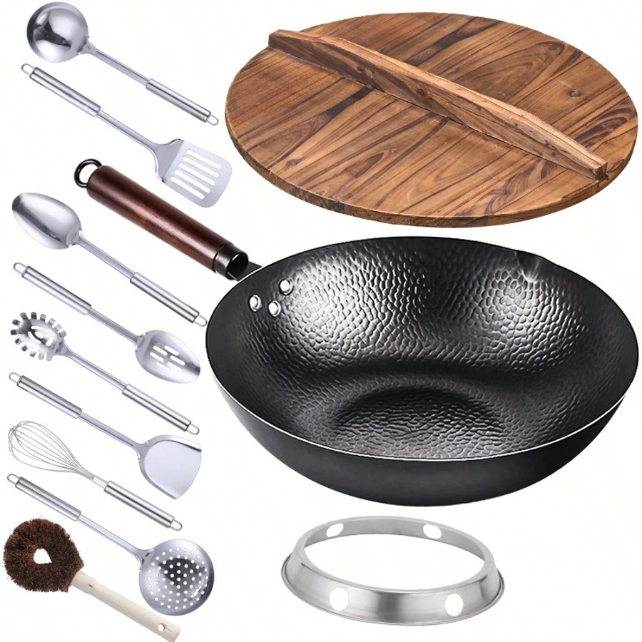 TIROTO 12.6″ Carbon Steel Wok Set 11pc Stir Fry Pan with Lid Induction Gas NEW