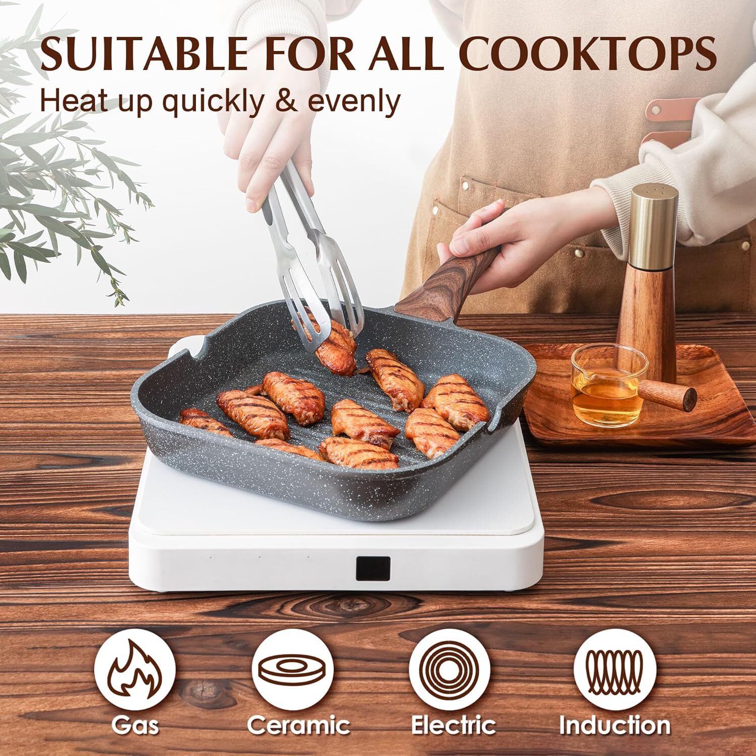 Stovetop Non-Stick Grill Pan, Multi-Function Grill with Pouring Spout,Frying Pan