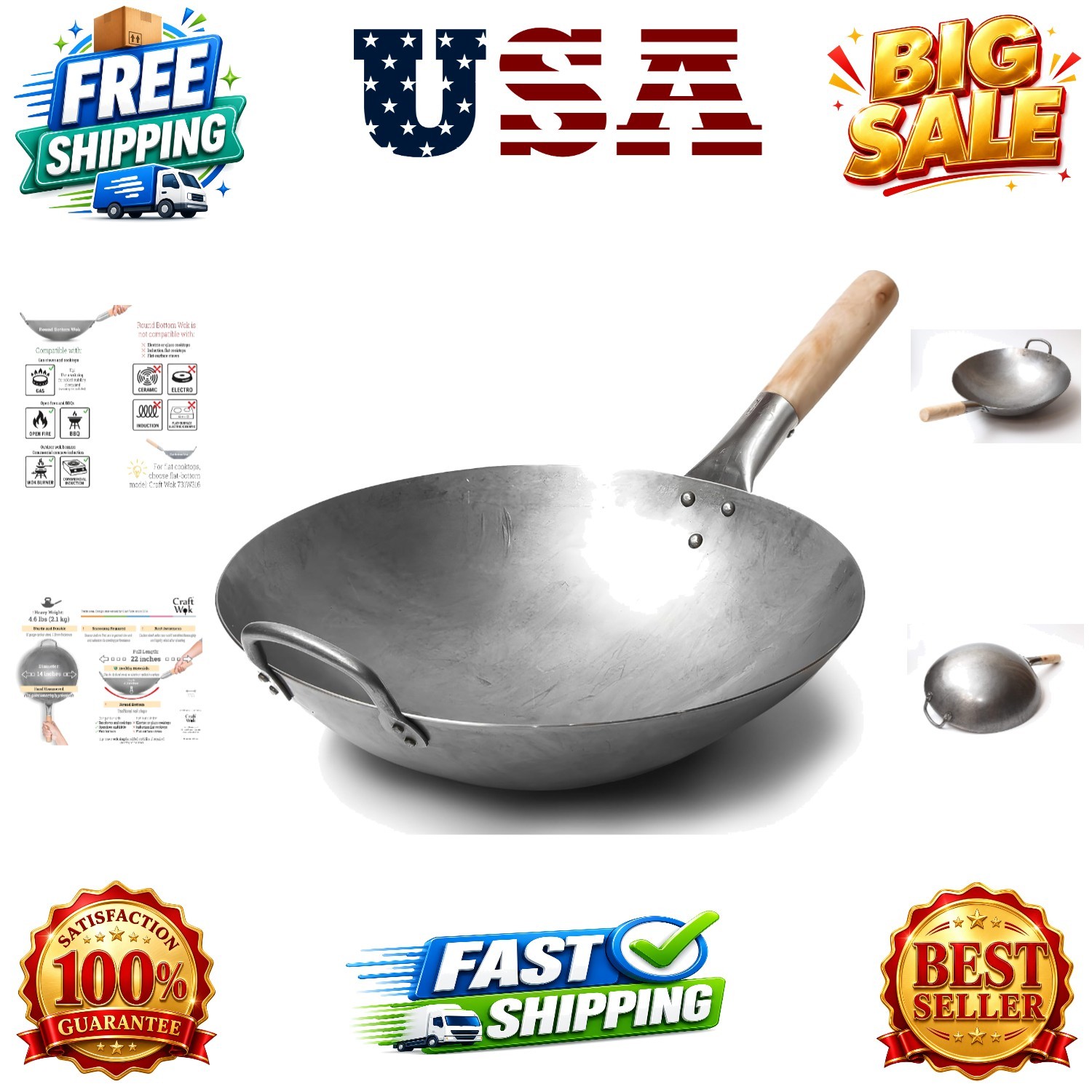 Traditional Hand Hammered Chinese Carbon Steel Wok with Wooden and Steel Help…