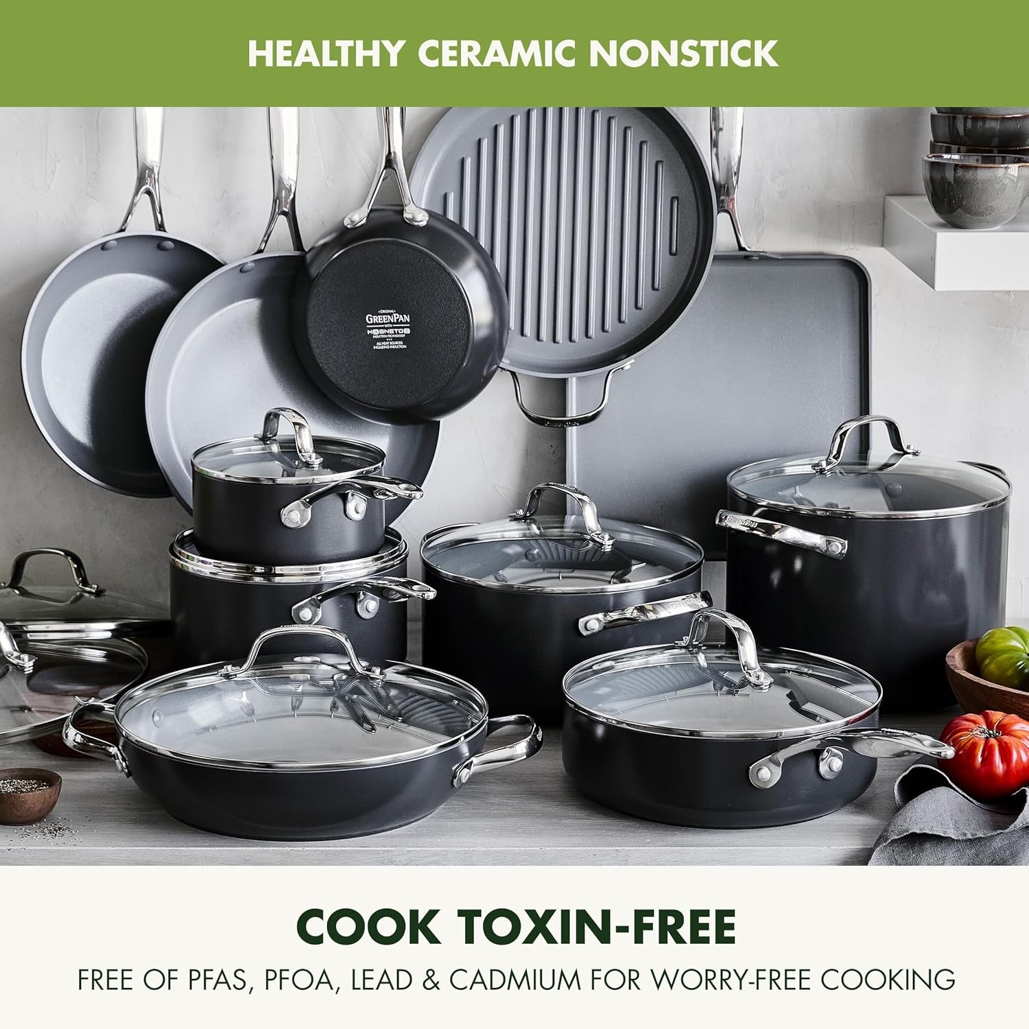 GreenPan Valencia Pro Ceramic Nonstick 22 Piece Cookware Set, Hard Anodized PFAS
