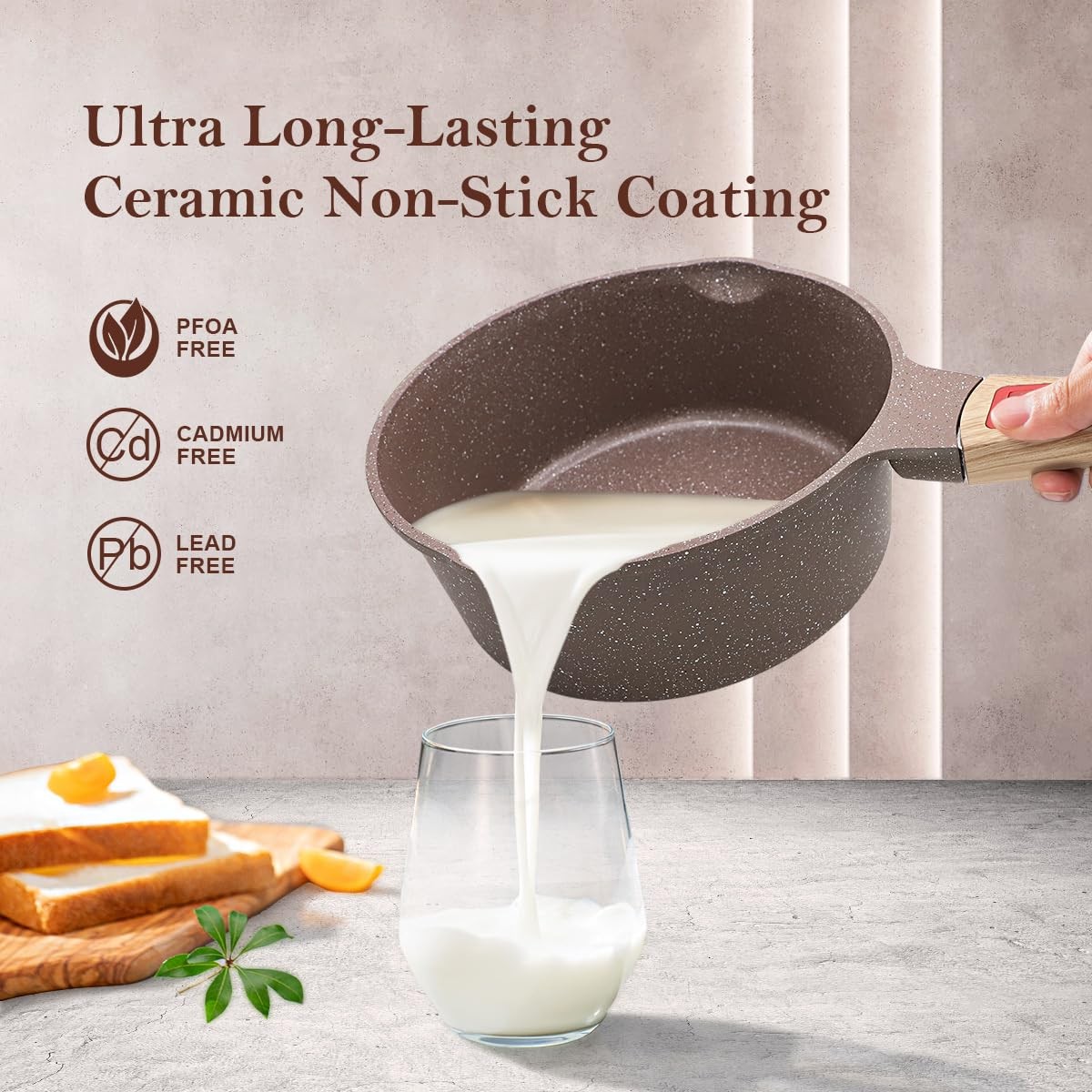 2.3 Quart Ceramic Nonstick Saucepan With Lid Small Sauce Pot With Pour Spouts Fo