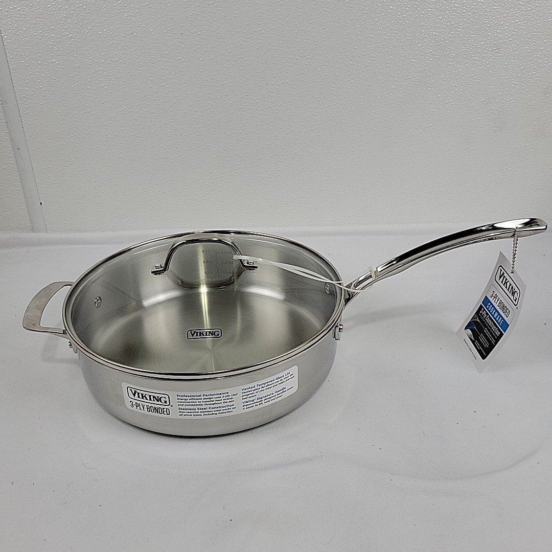 Viking 3-Ply Stainless Steel Saute Pan Mirror Finish With Glass Lid 5.25 Qt NWT