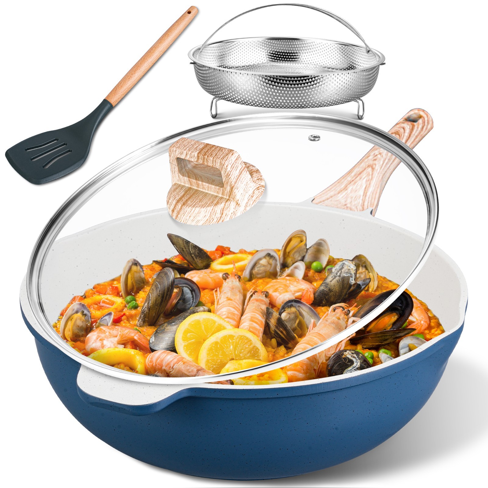 12 Inch Nonstick Ceramic Deep Frying Pan,5.5QT Sauté Pan with lid, Blue.